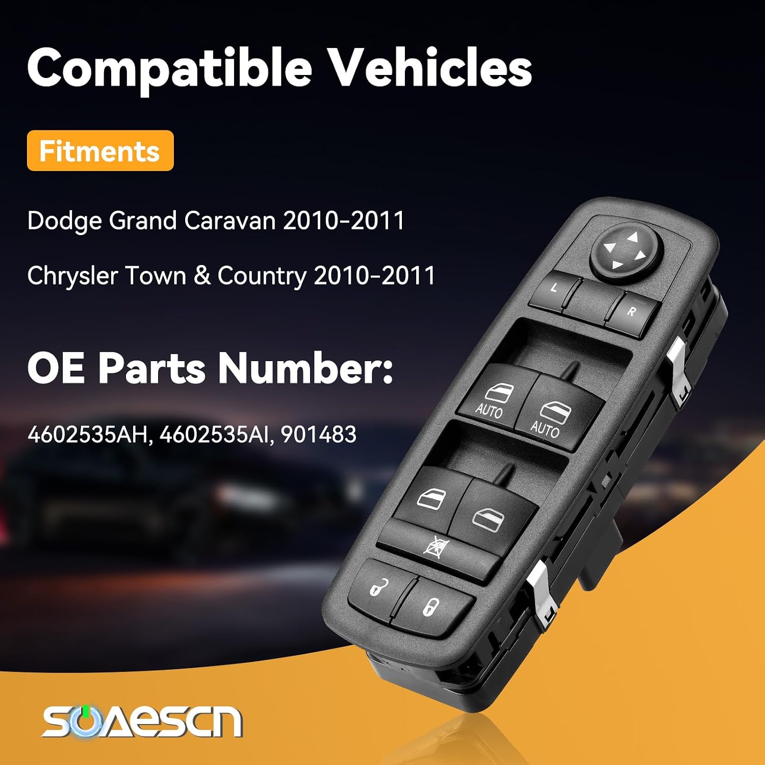 master power window switch driver side for 2010-2011 dodge grand caravan, 2010-2011 chrysle town country door lock switch button control front left, oe# 4602535ah, 4602535ai, 901483-3 pin