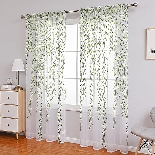 Miniatura 2 de 2 piezas de cortina de ventana de hojas de sauce de gasa de tul para habitación de hojas de Salix, cortina de panel de gasa transparente de gasa