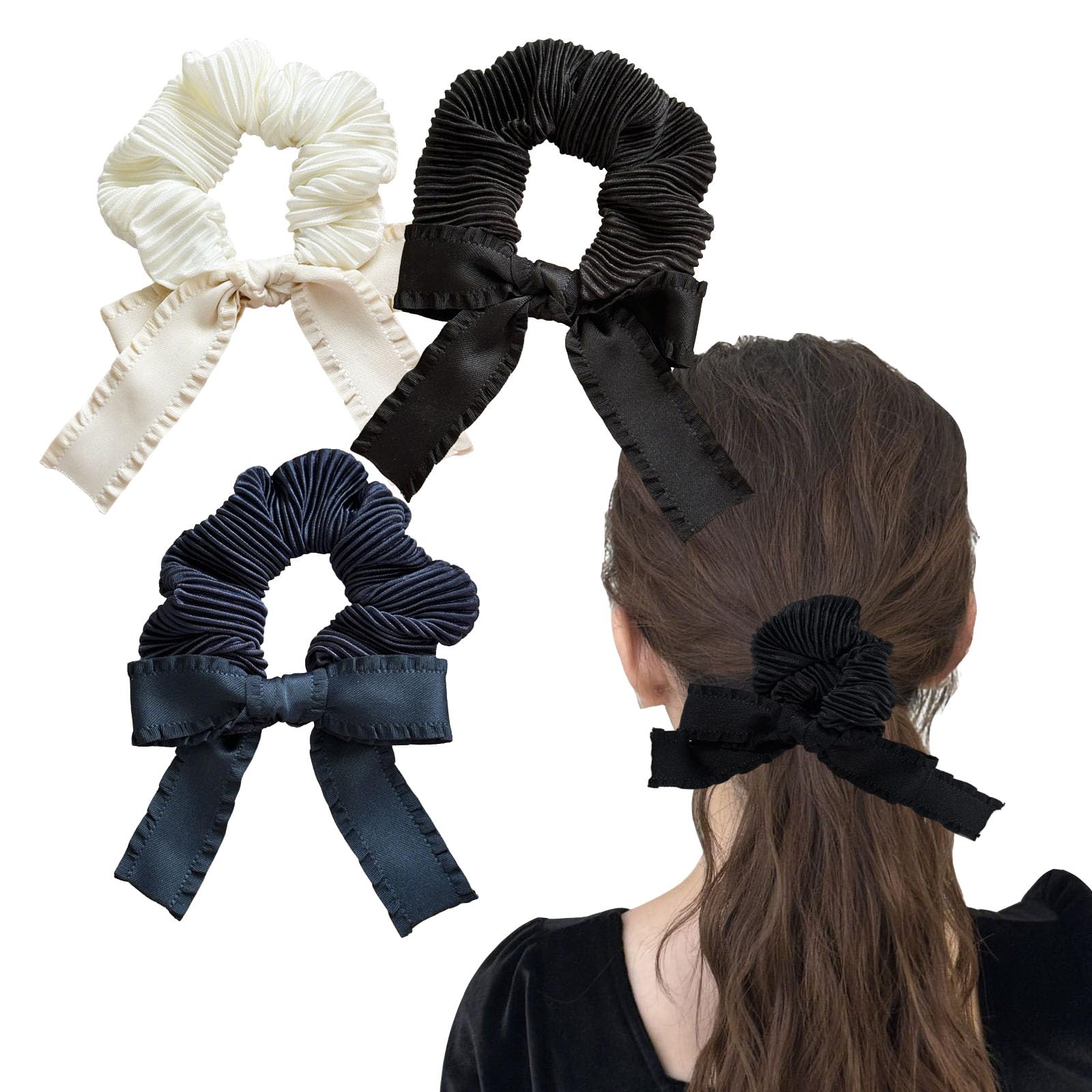 Amazon | shefun リボンシュシュ 黒 ベージュ 紺 3個セット シュシュ