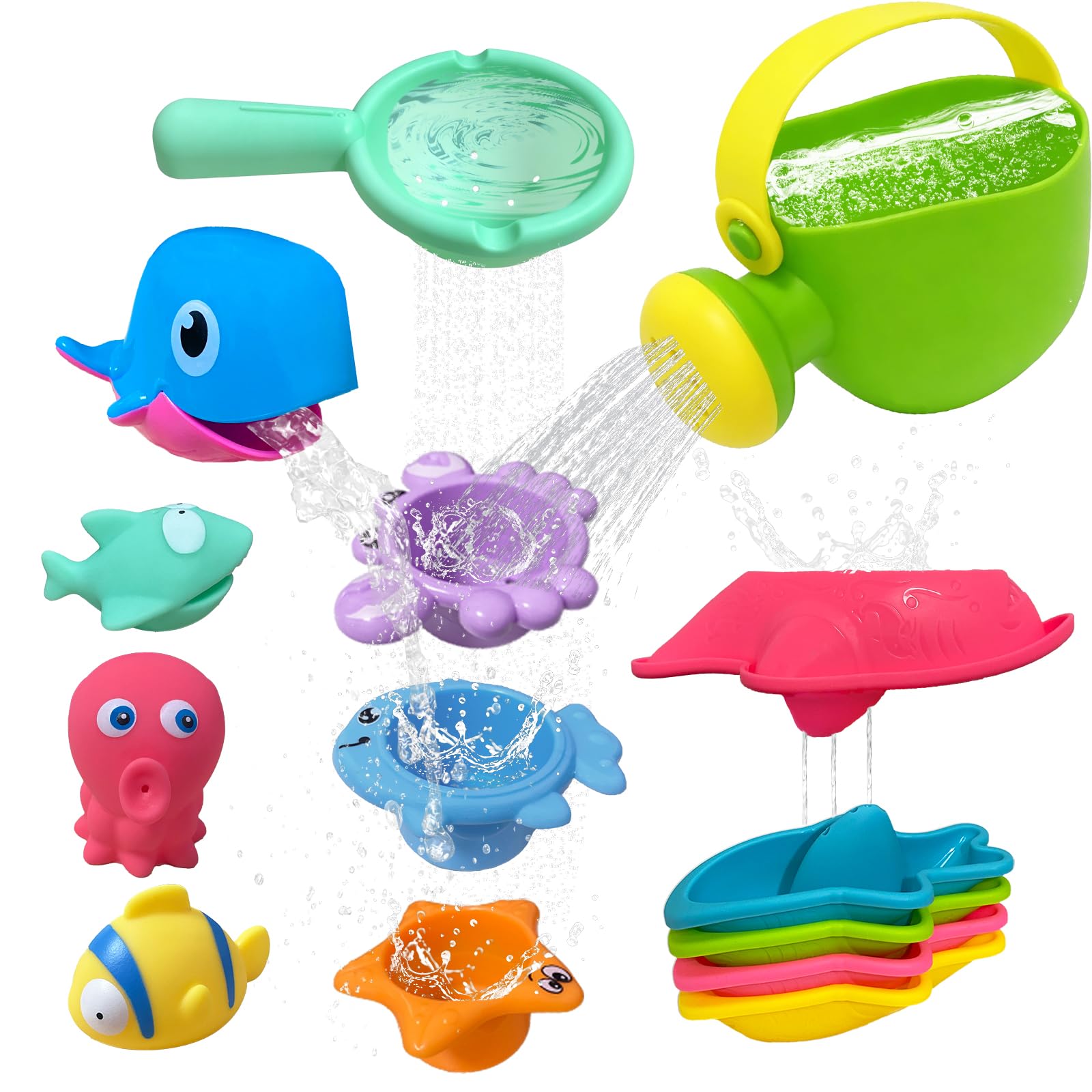 Baby Bath Toys for 1 2 3 Year Olds, 13 PCS Mould Free Toddler Bath Toys, Water Toys Bathtub Swimming Pool Toys, Kids Bath Toys with Storage Bag, Watering Can Bath Boats for Baby Boys Girls Gifts