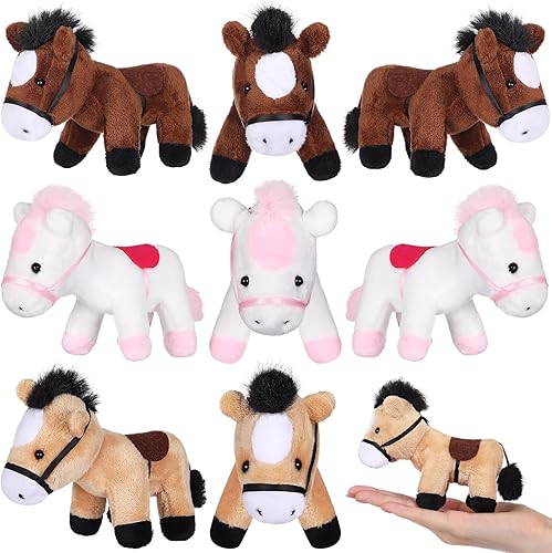 Miniatura 9 de Zomiboo Paquete de 9 animales de peluche de caballo de peluche de pie de 4 pulgadas, mini peluche con cadena desmontable para fiestas temáticas