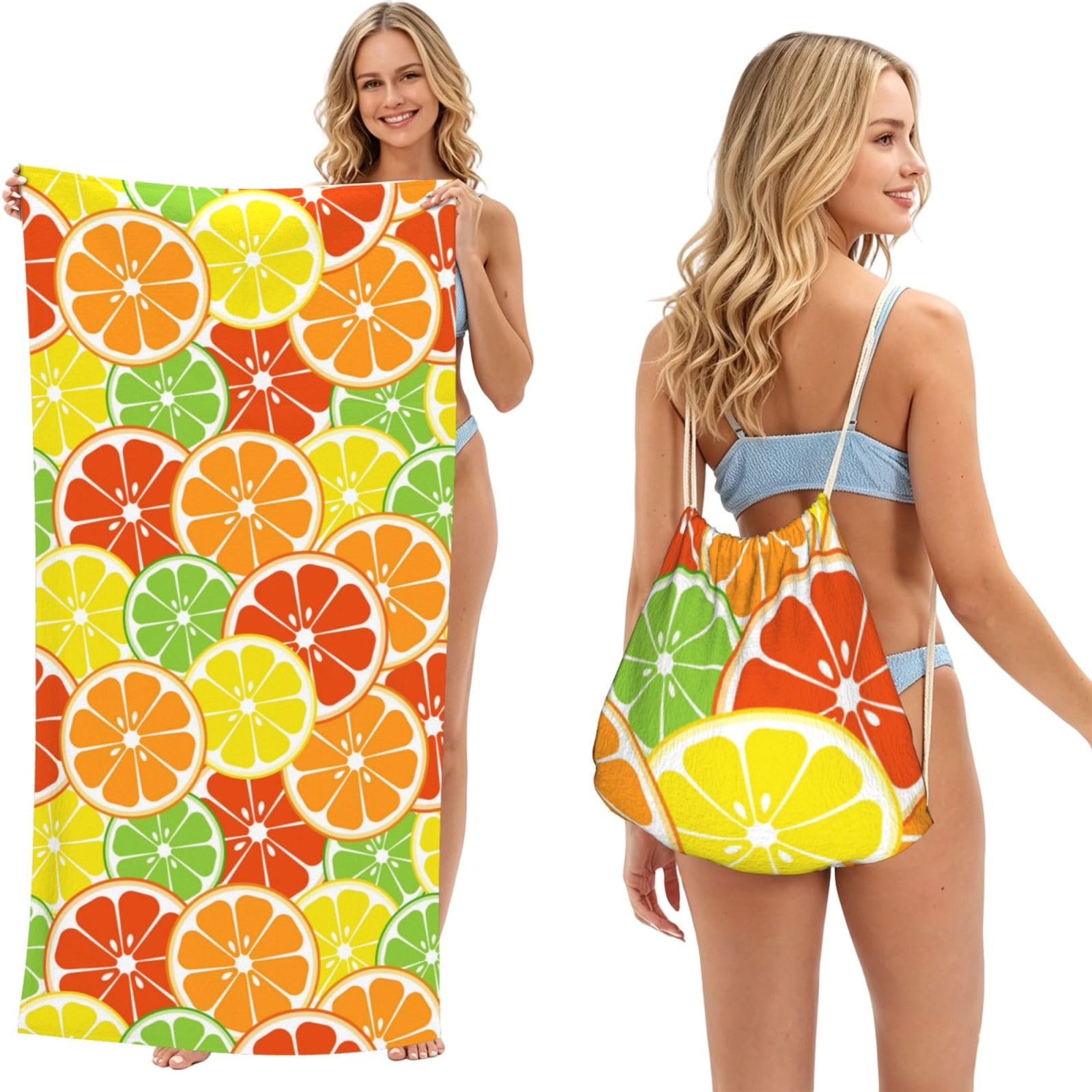 Poadnly As Picture Citrus Fruits, 2 In 1 Packable Towel Bag, Beach Towels With Drawstring Backpack For Travel Holiday Camping