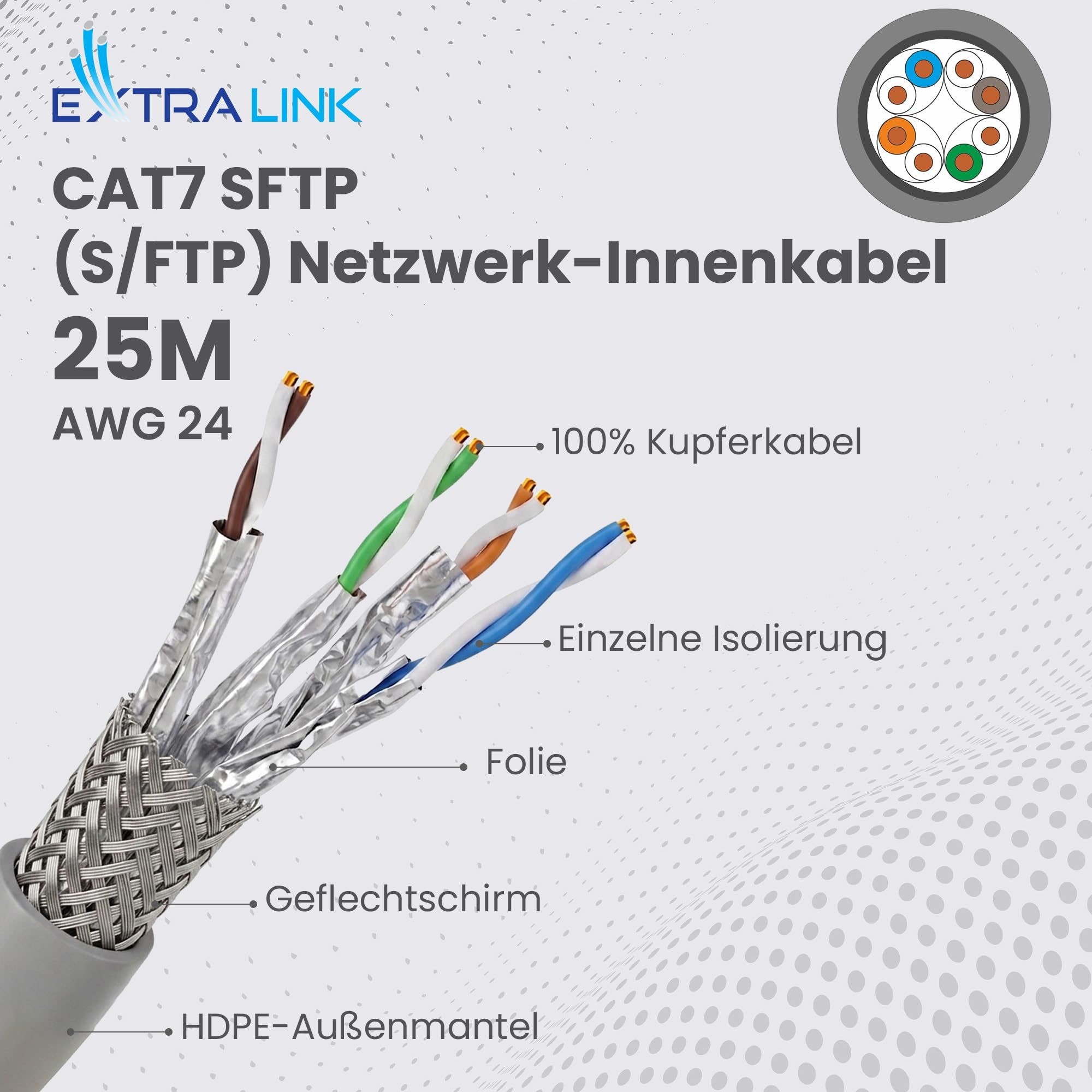 EXTRALINK CAT7 Verlegekabel 25m S/FTP Kupfer 10 Gbit 600 MHz PoE++ LAN | CAT7 Verlegekabel 25m Indoor: S/FTP doppelt geschirmt, reines Kupfer 24 AWG, 10 Gbit/s bei 600 MHz, PoE++ für LAN und CCTV