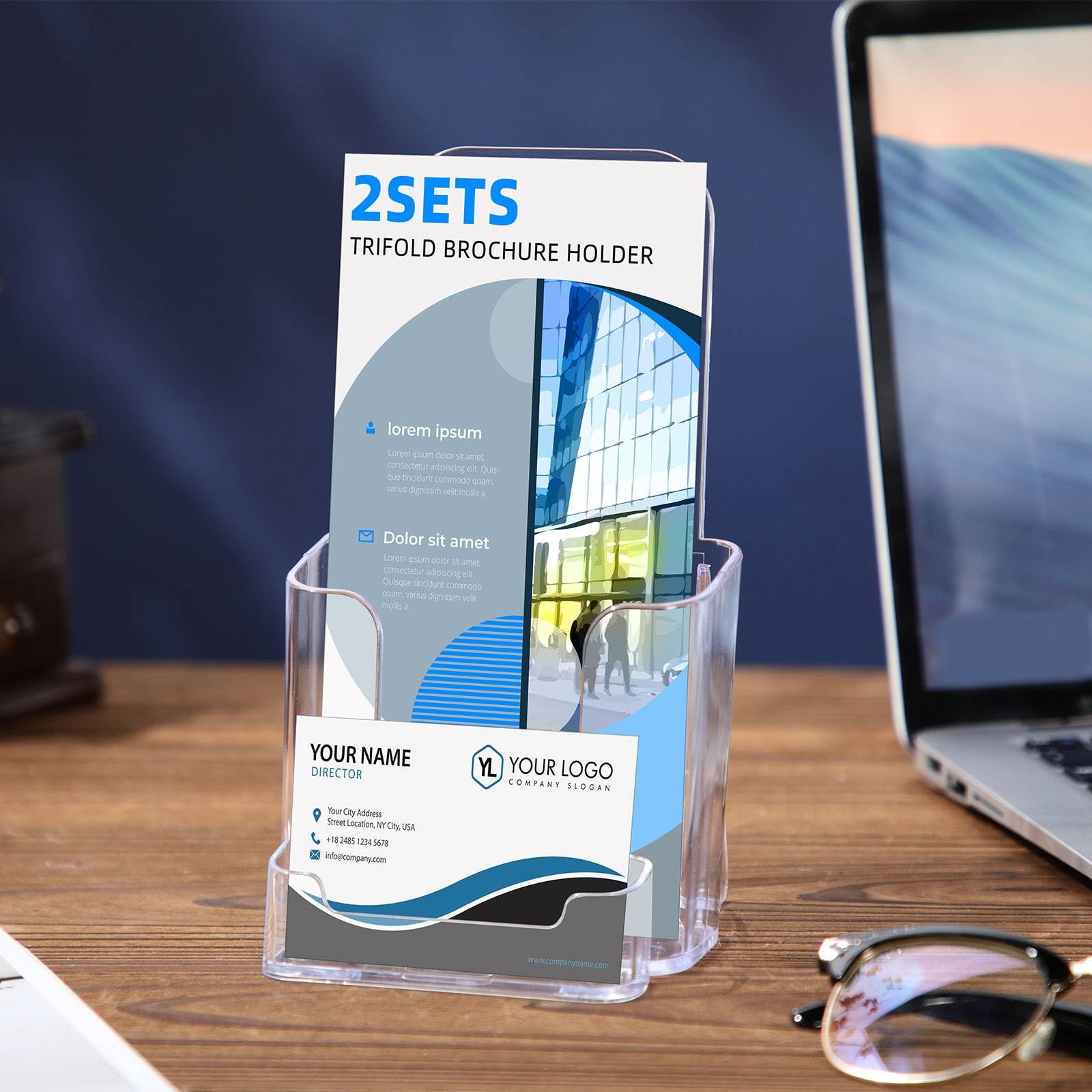 Feifeiya 2 juegos de soportes acrílicos para folletos de 4 pulgadas de ancho con soporte para tarjetas de visita, soporte transparente plegable para folletos, folletos, revistas, folletos para