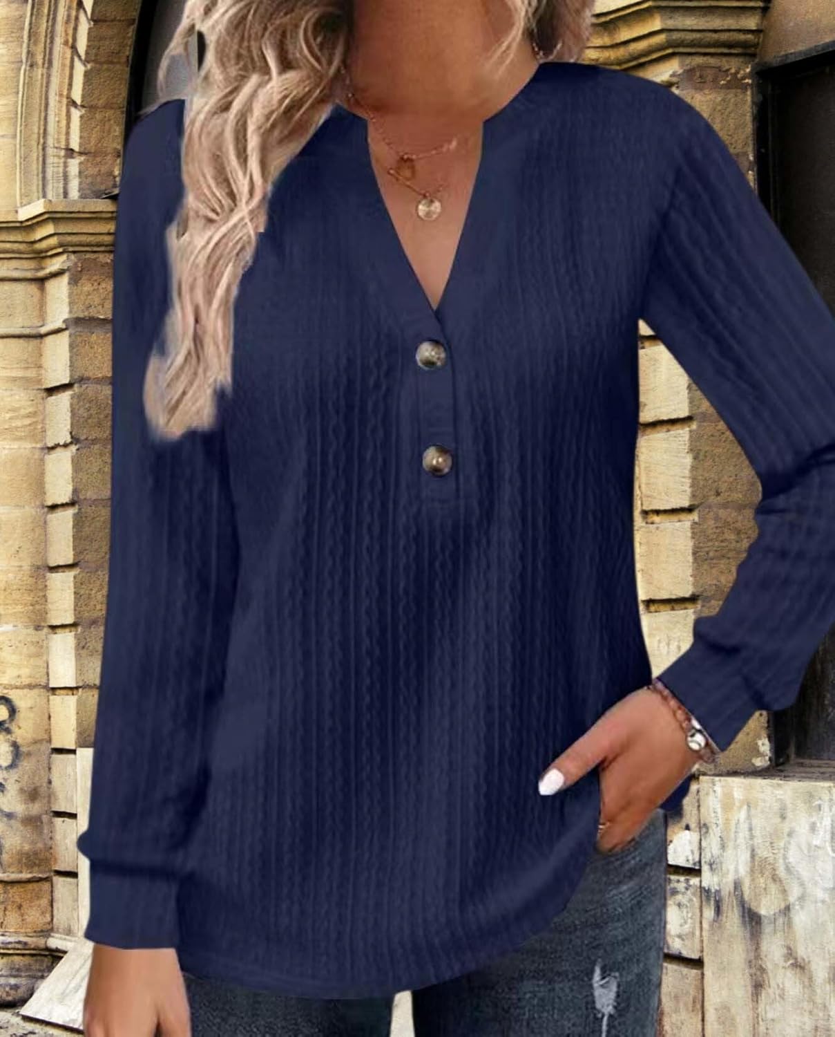 2025 Fashion Must Have Womens Long Sleeve V Neck Henley Shirt Loose Casual Shirt Warm Winter Knitwear - Image 2