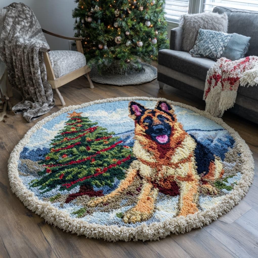 kitphoenix Creative Round Latch Hook Rug Kit German Shepherd 50 X 50Cm Handmade Latch Hook Kits for Adults for Christmas Carpet Beginners Adults