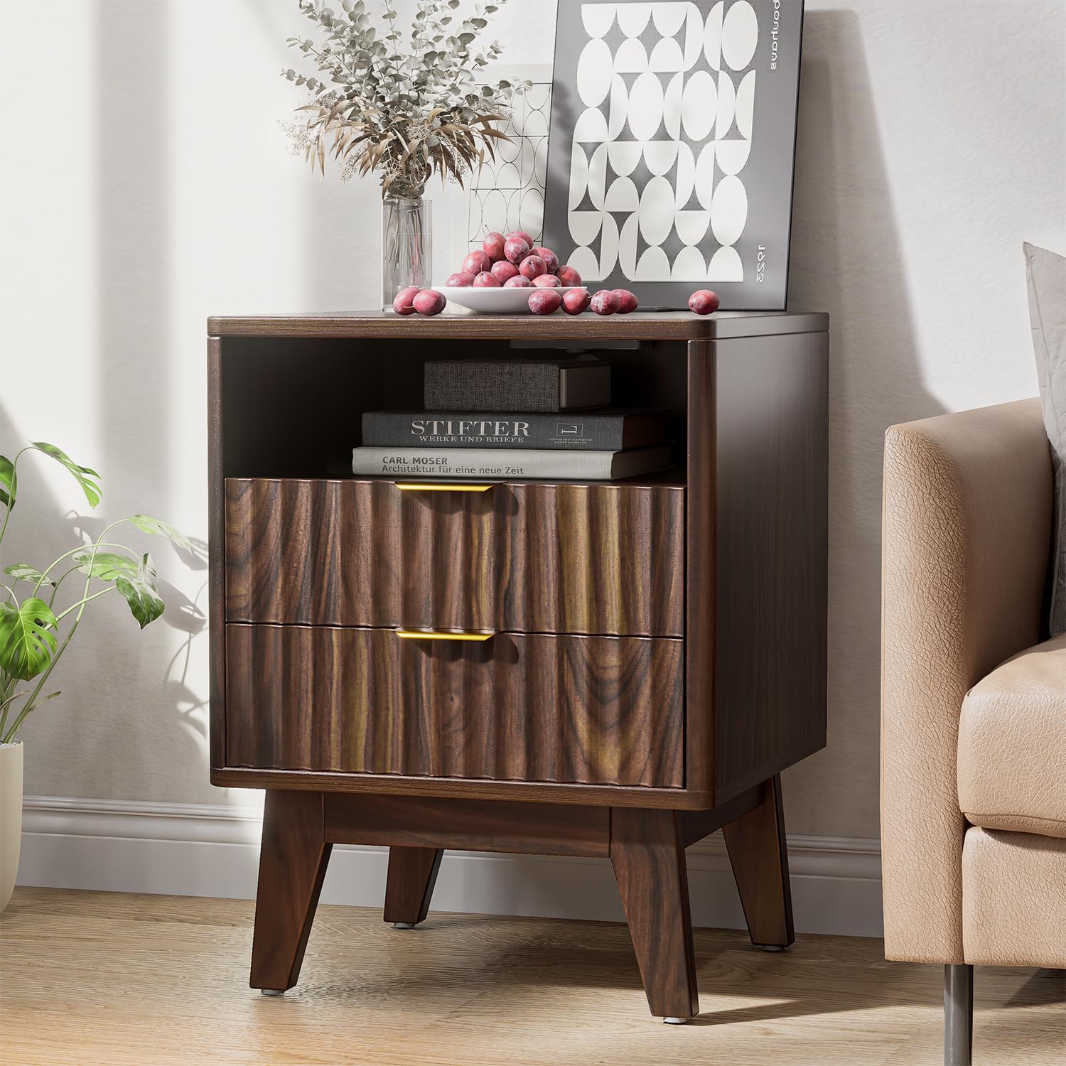 fluted nightstand with charging station, modern bedside table with 2 drawers, end table with open storage for bedroom, living room, walnut