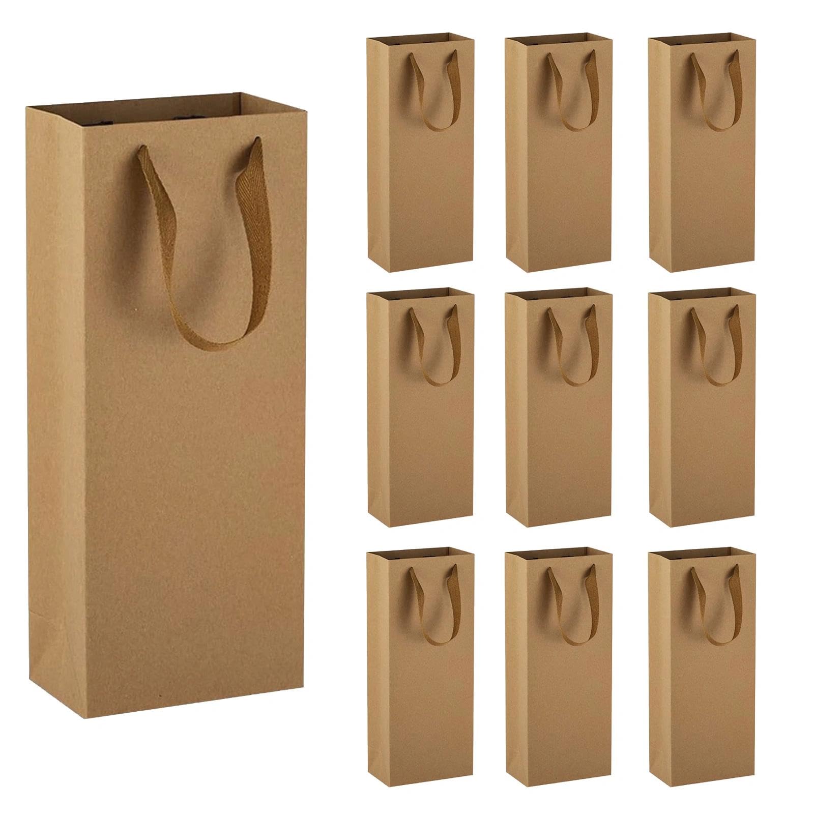 Heryson Kraft Paper Wine Gift Bags with Handles, 11x9x35cm Sturdy Reusable Wine Bottle Gift Bags for Birthdays, Anniversaries, Weddings, Christmas, Parties, Shopping (Brown, 10 Pack)