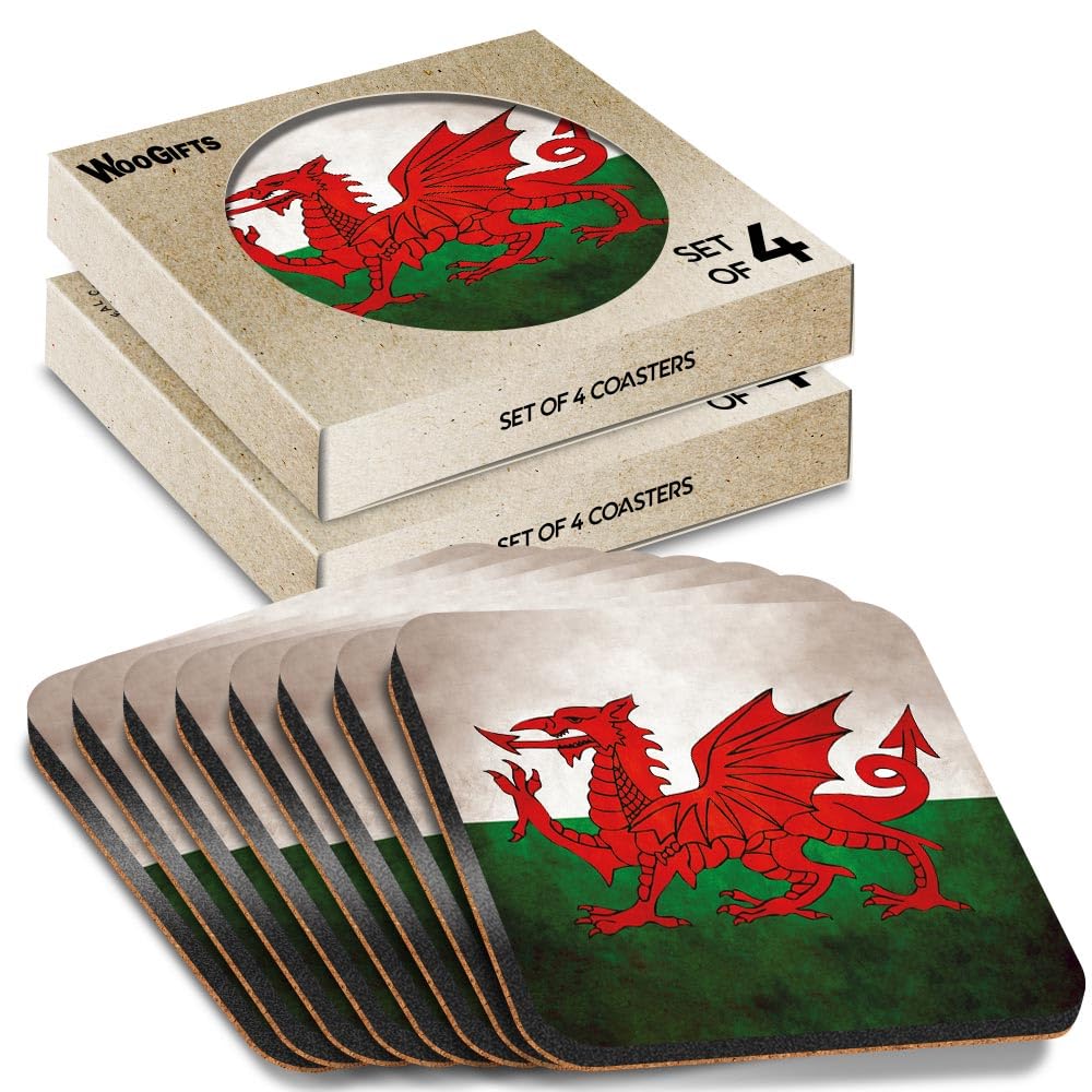 8 x Square Coasters - Distressed Wales Welsh Dragon Flag Cork Backed MDF Glossy Tea Coffee Accessory #56016