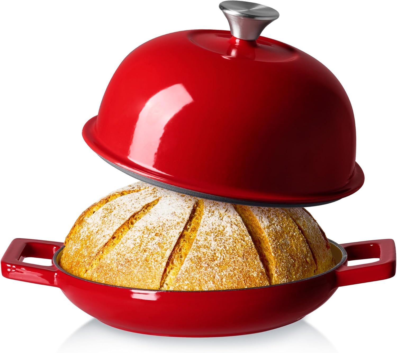 CAROTE Enameled Cast Iron Bread Dutch Oven, Round Bread Oven Pot with Dome Lid for Homemade Sourdough Bread Baking, Healthy & Non-Toxic, Dual Handles, All Stovetop Compatible, Oven Safe up to 500° F, 1.5 Quarts, 9 Inches, Red
