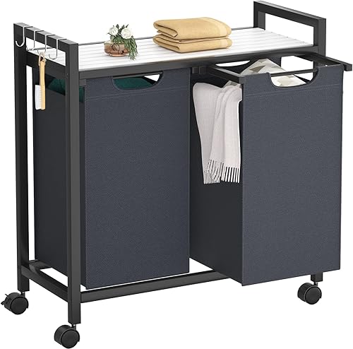 Homykic Cesta de lavandería con ruedas carrito clasificador de lavandería con ruedas de bambú de 2 secciones con estante cesta de lavandería