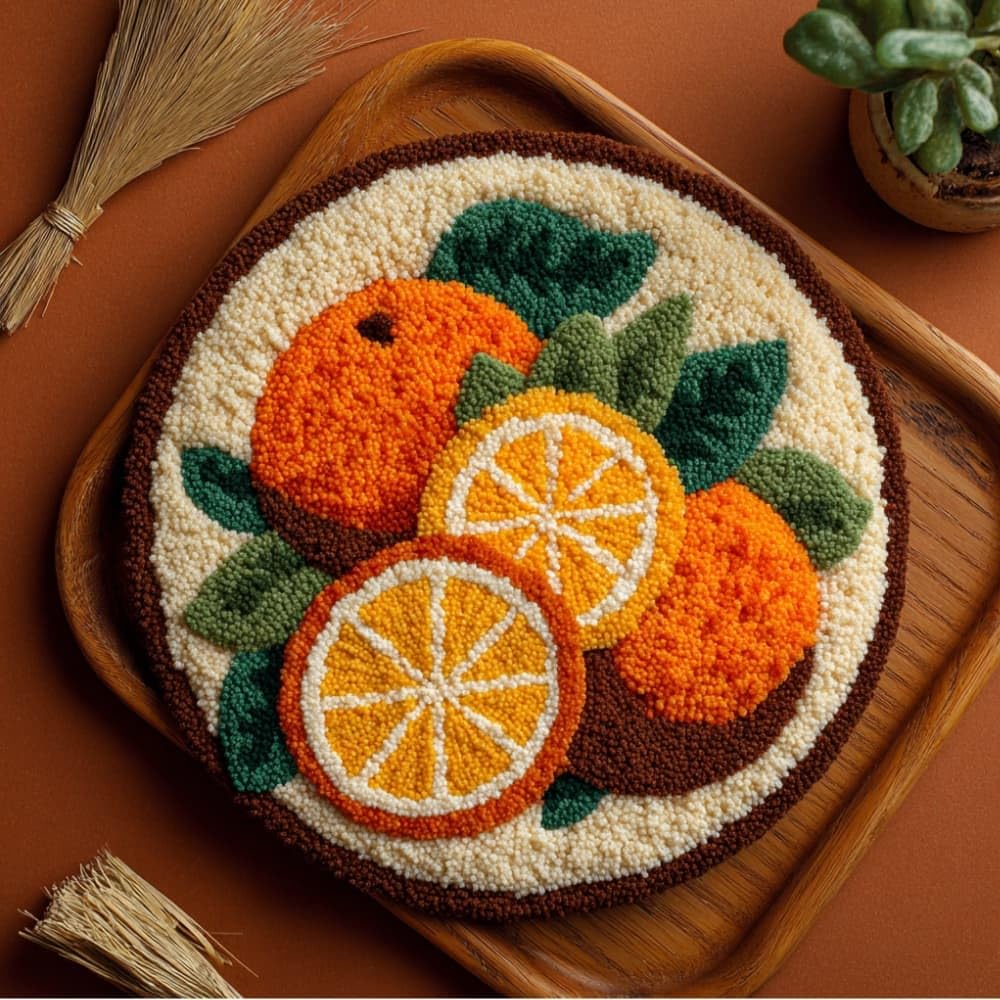 Round Latch Hook Rug Kits Fruit Orange For Adults And Starter 50*50Cm