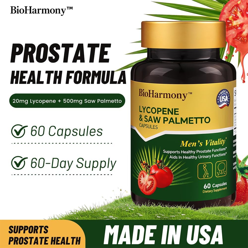 BioHarmony Saw Palmetto for Men- Prostate Health Supplement with 500mg Saw Palmetto Extract & 20mg Lycopene-Supports Healthy Urinary Function – 60 Capsules