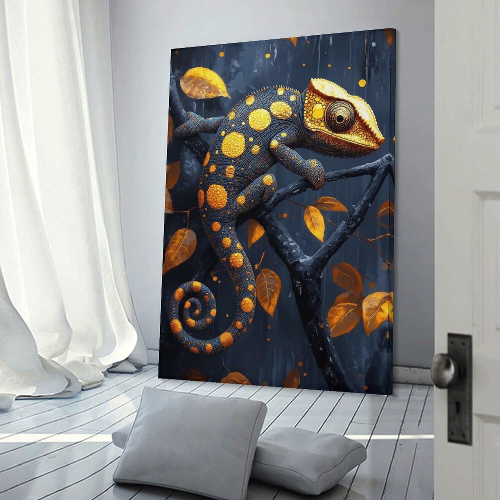 Junmoney Canvas Wall Picture Chameleon on Branch with Golden Leaves, 16x24inch(40x60cm), for Bedroom, Lounge Or Dressing Area, Stylish Decor for A Restful Room Update