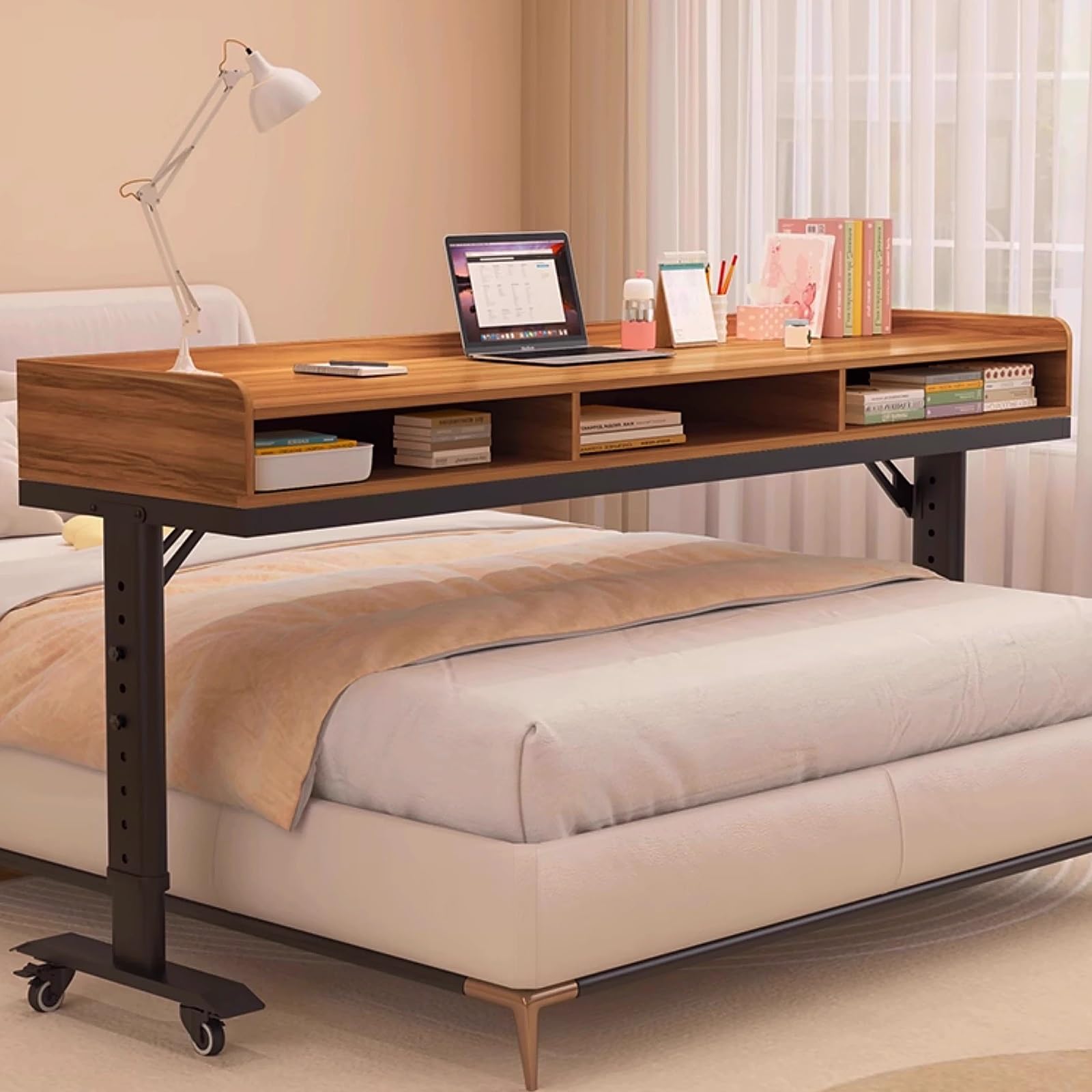 Table de lit avec roues, bureau d'ordinateur portable en bois massif pour le lit, table de surlit réglable en hauteur 125kg capacité de charge, plateau à rouler stable pour la lecture de l'ensemble de