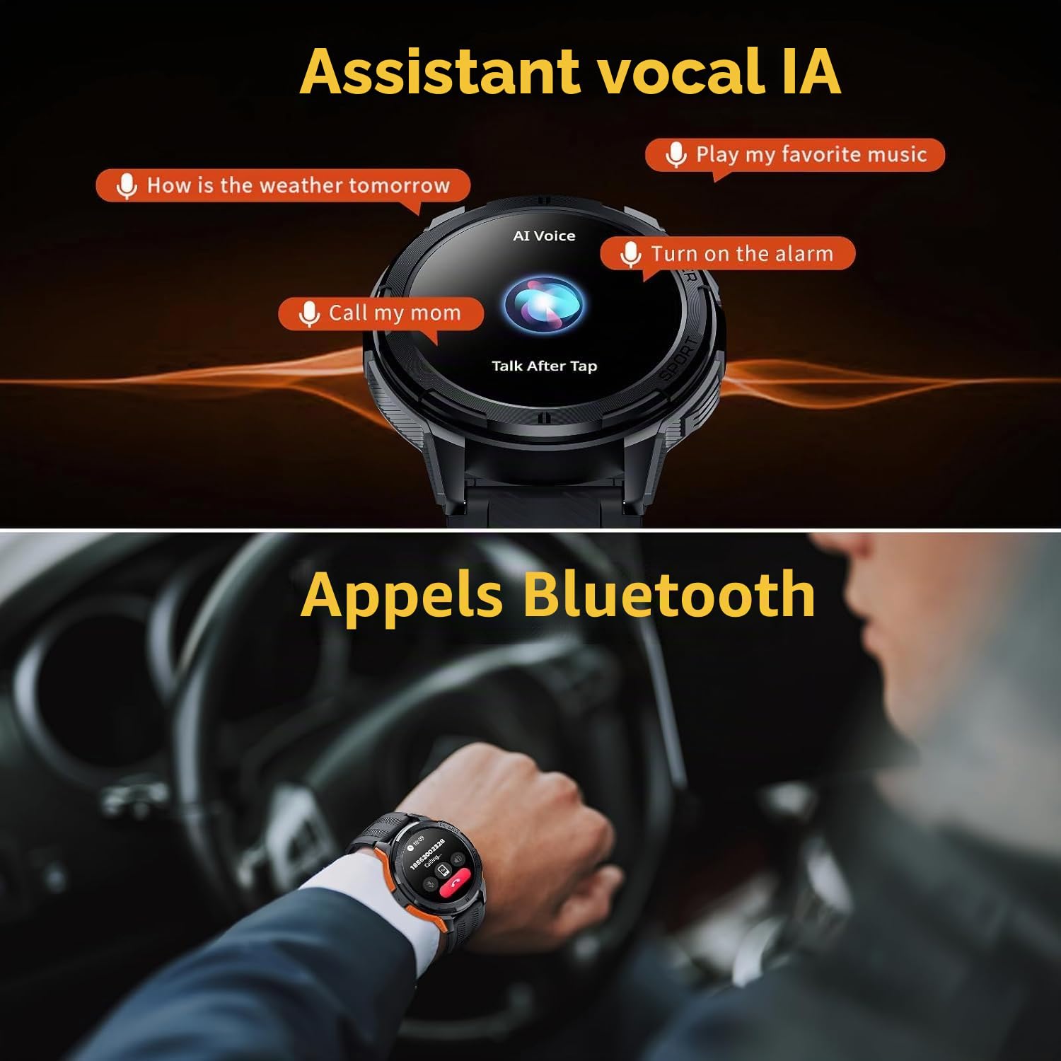 OBA Oukitel BT10 Montre connectée pour Homme avec appels Bluetooth, écran AMOLED de 1,43", Batterie 410 mAh, étanche 5 ATM avec Moniteur de fréquence Cardiaque, Moniteur de Sommeil pour Android iOS,