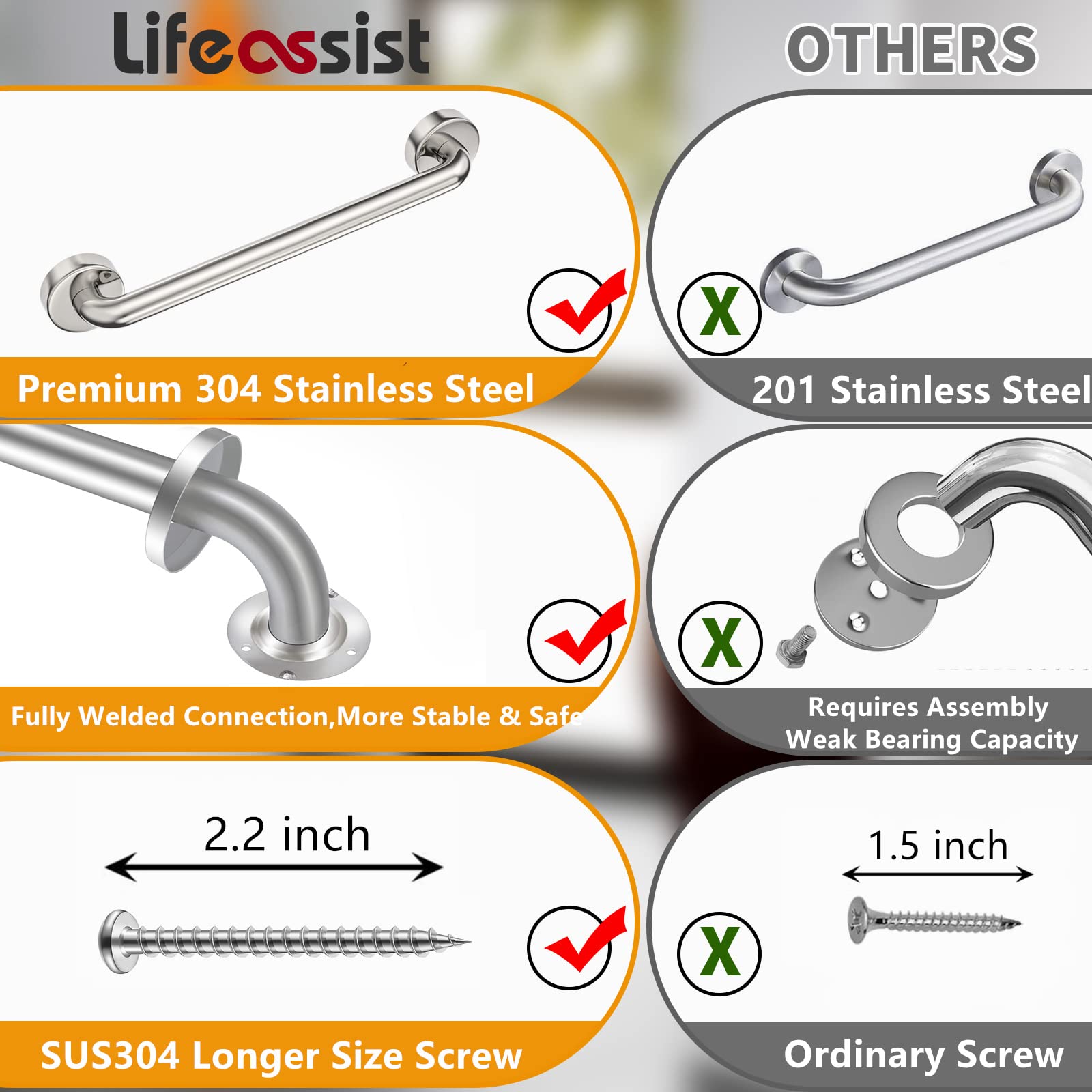 Confezione da 2 barre di presa per il bagno, da 40,5 cm, in acciaio inox nichel spazzolato, per doccia, per mancanza di vite nascosta, per il bagno, per anziani e infortuni, 226,8 kg