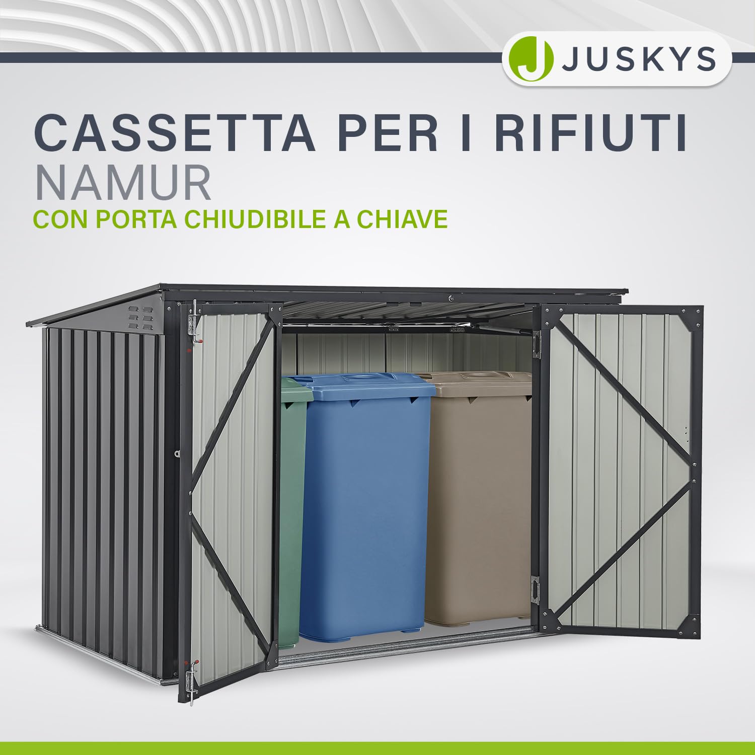 Juskys Contenitore per bidoni dei rifiuti da 3 pezzi Namur 3 bidoni da 120 litri - 2m² - 2 porte - Rivestimento contenitore rifiuti metallico Cassonetti per rifiuti Casetta per bidoni Contenitore
