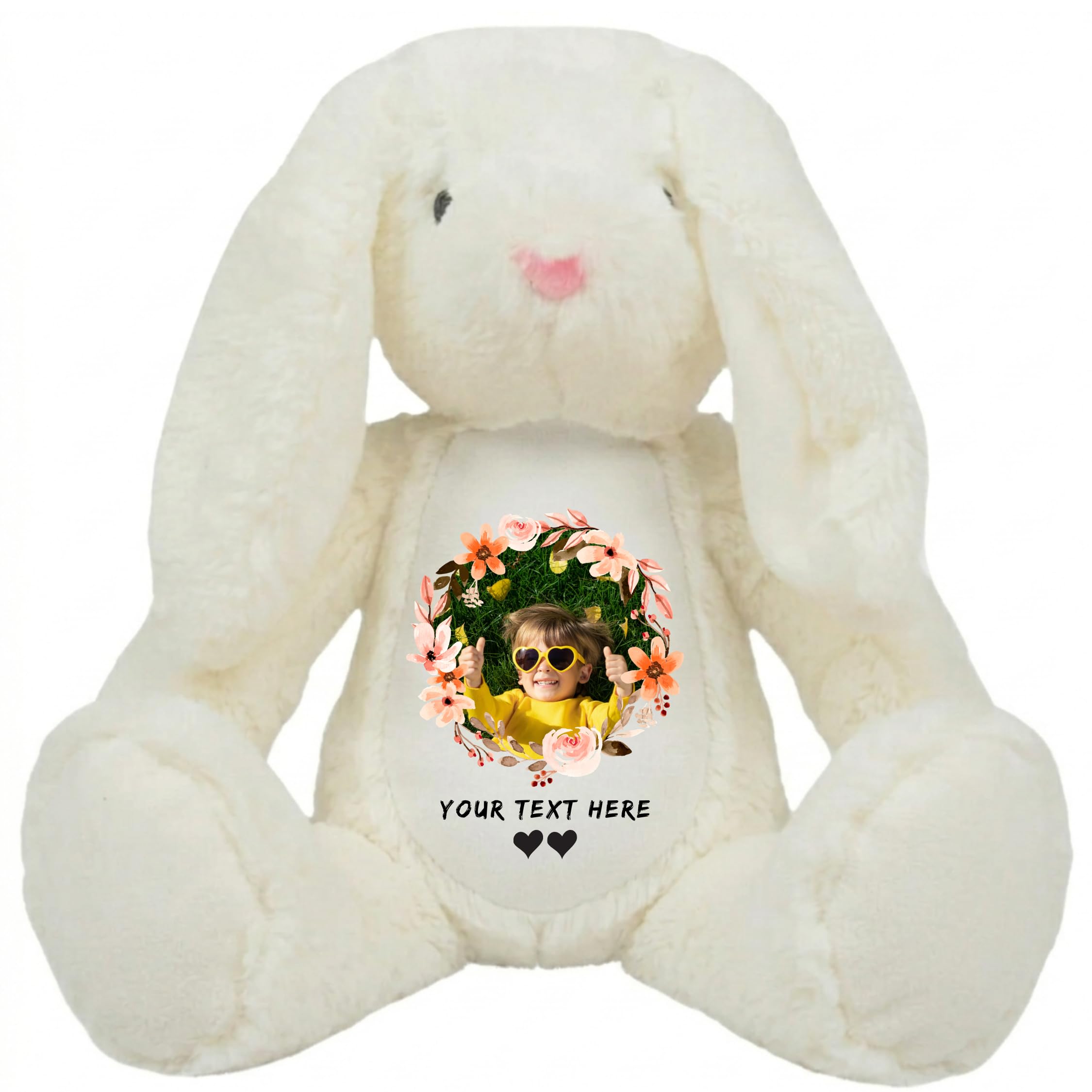 Be Buz Personalized Bunny Plush Toy with Photo and Text – Custom Baby Memory Gift – Soft Stuffed Rabbit Keepsake – Newborn, Birthday, Baby Shower (White)