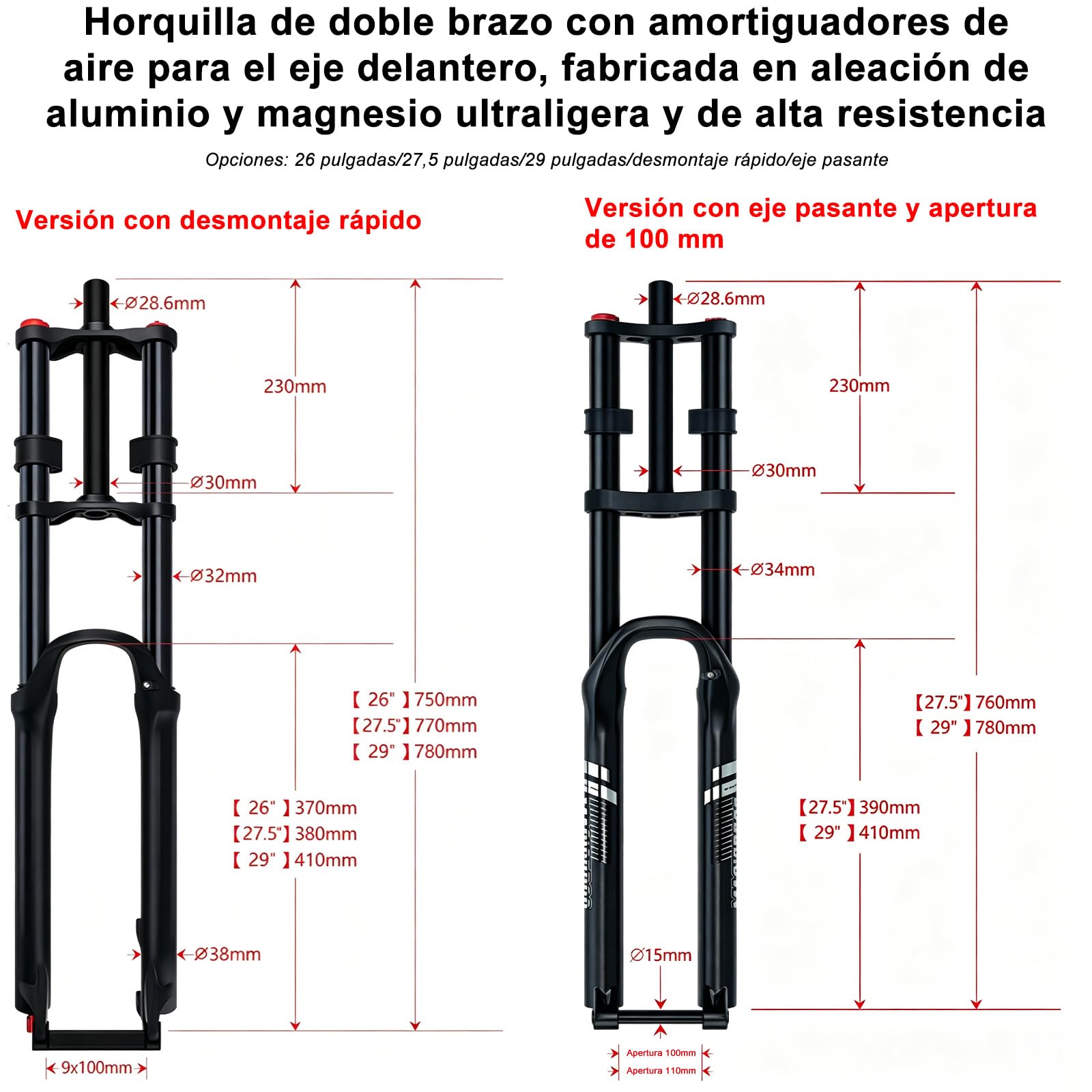 Doble Corona Horquilla Aire, para Bicicleta de suspensión, Eje pasante | Presión Aire Amortiguador, 26 27.5 29 Pulgadas Montaña Suspensión, rebote ajustable,Horquilla Delantera Recta De Recorrido