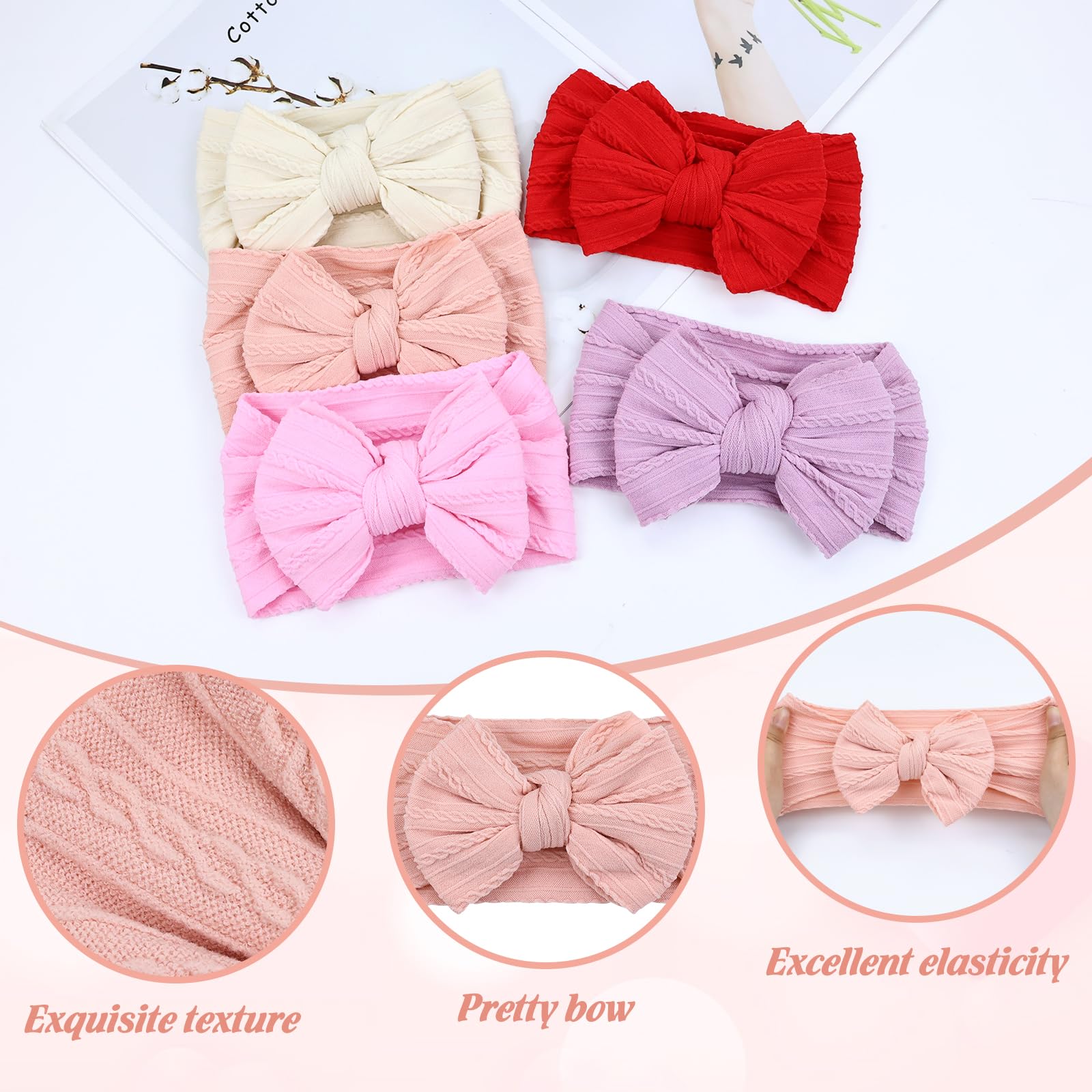 Cinaci 5 Pieces Soft Stretchy Baby Girl Wide Headbands with Bow Headwraps Hair Bows Bands Accessories for Baby Boys Girls Newborns Infants Toddlers - Image 3