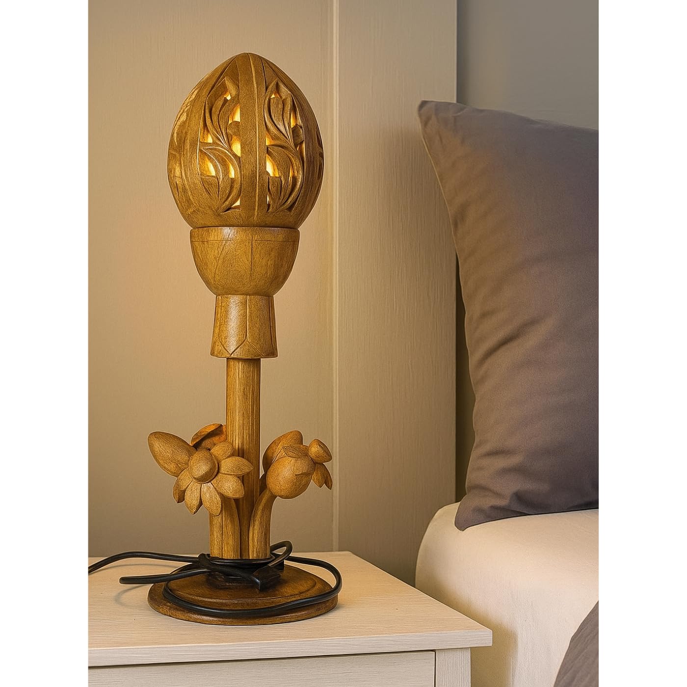 Classic Wooden Lotus Lamp in Walnut Brown Color with Jute Brown Shade, Farmhouse Table Lamp with Wooden Base and Burlap Shade,-picture-17
