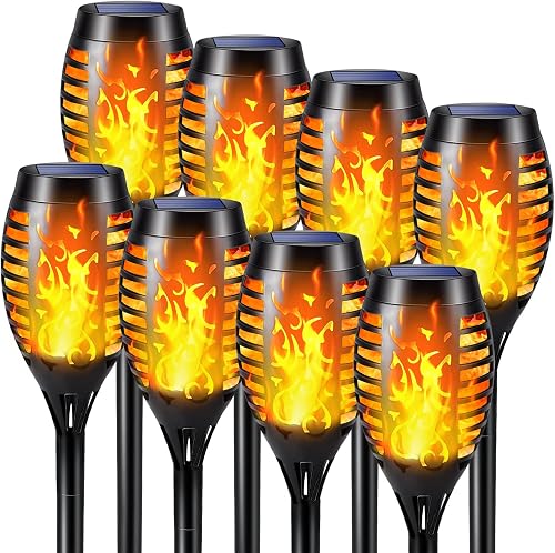 Solar Outdoor Lights - 8 Pack 12 LED Solar Torch Lights with Flickering Flame for Garden Decor Updated Pathway Lighting Outdoor Waterproof Decor Lamp for Outside Yard Patio Lawn Tiki Torches