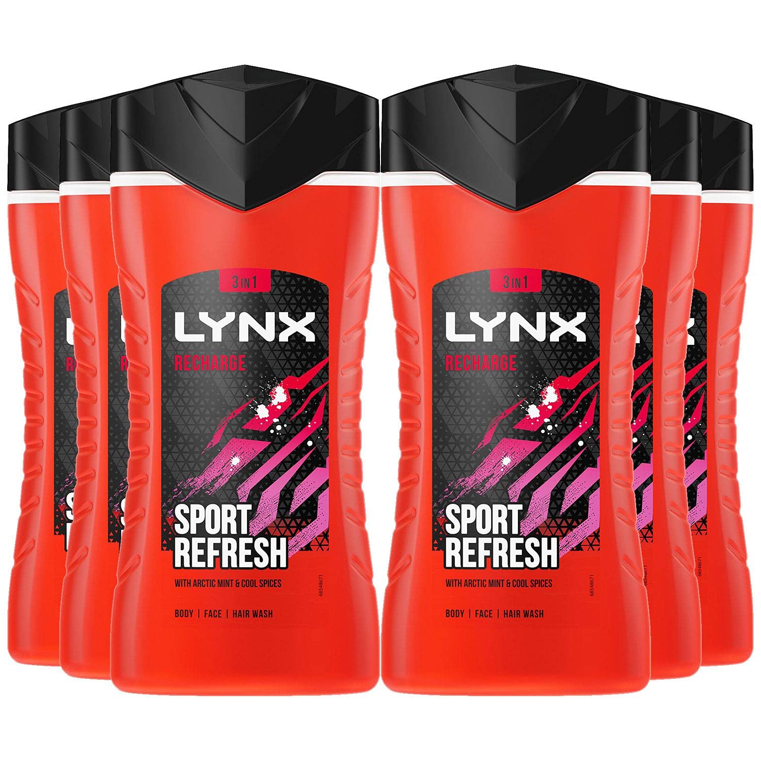 6 Pack of 225ml Lynx Recharge Shower Gel 3 in 1 Sport Refresh with Arctic Mint & Cool Spices BodyWash with Plant-based Moisturisers, Keep Smelling Irresistible!