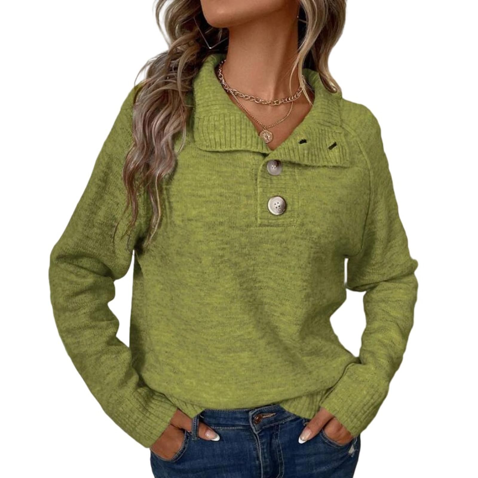 Cable Knit Button Up Stand Collar Pullover Women Solid Color Button Casual Long Sleeve Pullover Loose Sweater for