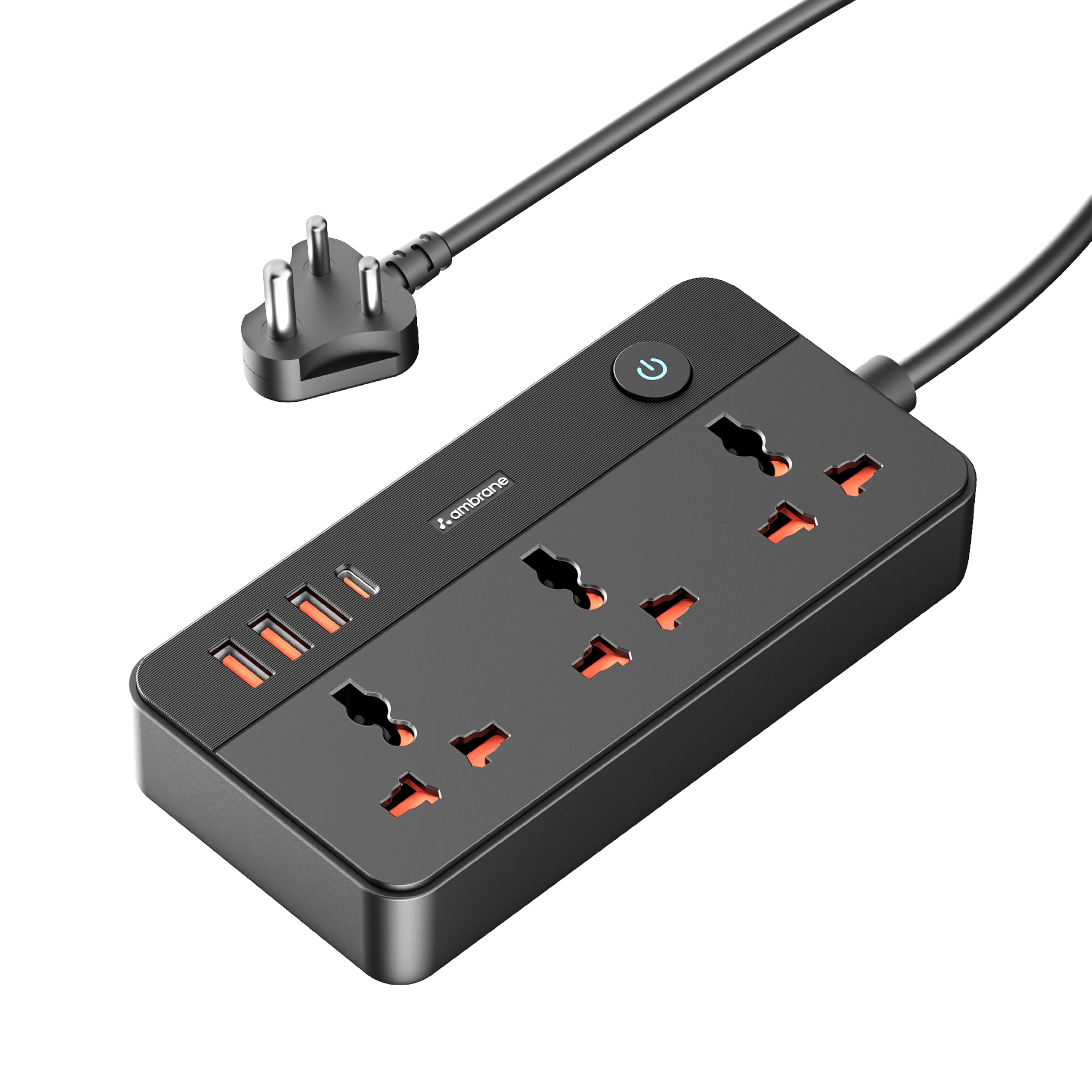 Extension Board, 1 Type C, 3 USB Ports, 3 International Power Sockets, 2500W Output, Long Cable, Wall Mount Option, Supports Laptop Charging for Office & Home Appliances (SmartStrip 2, Black)