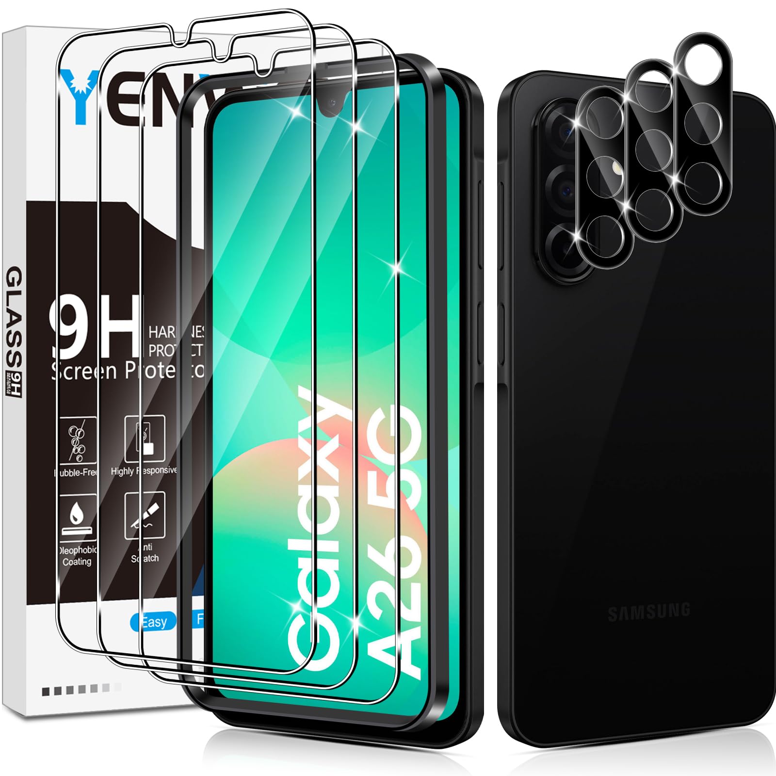 Yenwen Schutzfolie für Samsung Galaxy A26 5G für Panzerglas, 3 Stück Displayschutz mit 3 Stück Kameraschutz für Samsung A 26, 9H Härte Schutzglas Handy Folie HD Klar Panzer Schutz Glas