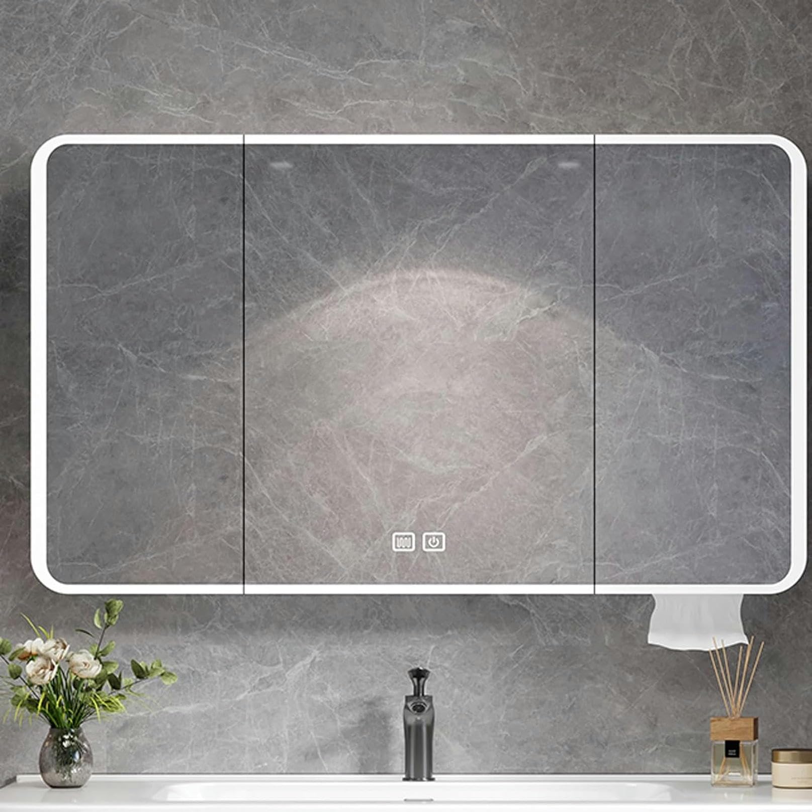 Espejo de baño de Aluminio con Luces, Armario de baño con Espejo antivaho, botiquín Inteligente Moderno con Interruptor táctil, Orificio de extracción de Papel