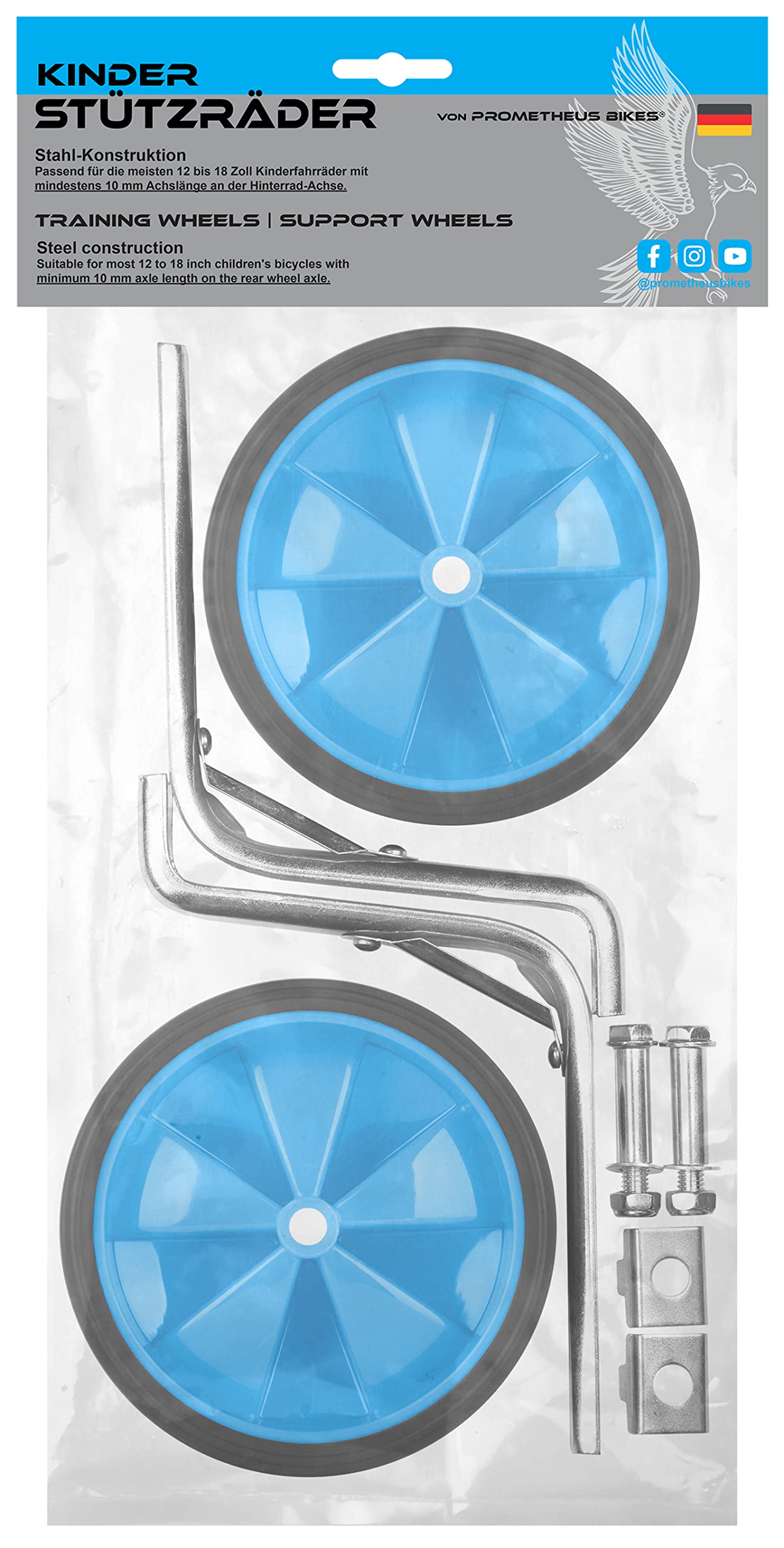 PROMETHEUS BICYCLES Petite roue velo enfant universel 12 14 16 18 pouces Stabilisateurs velos acier pneus caoutchouc bleu