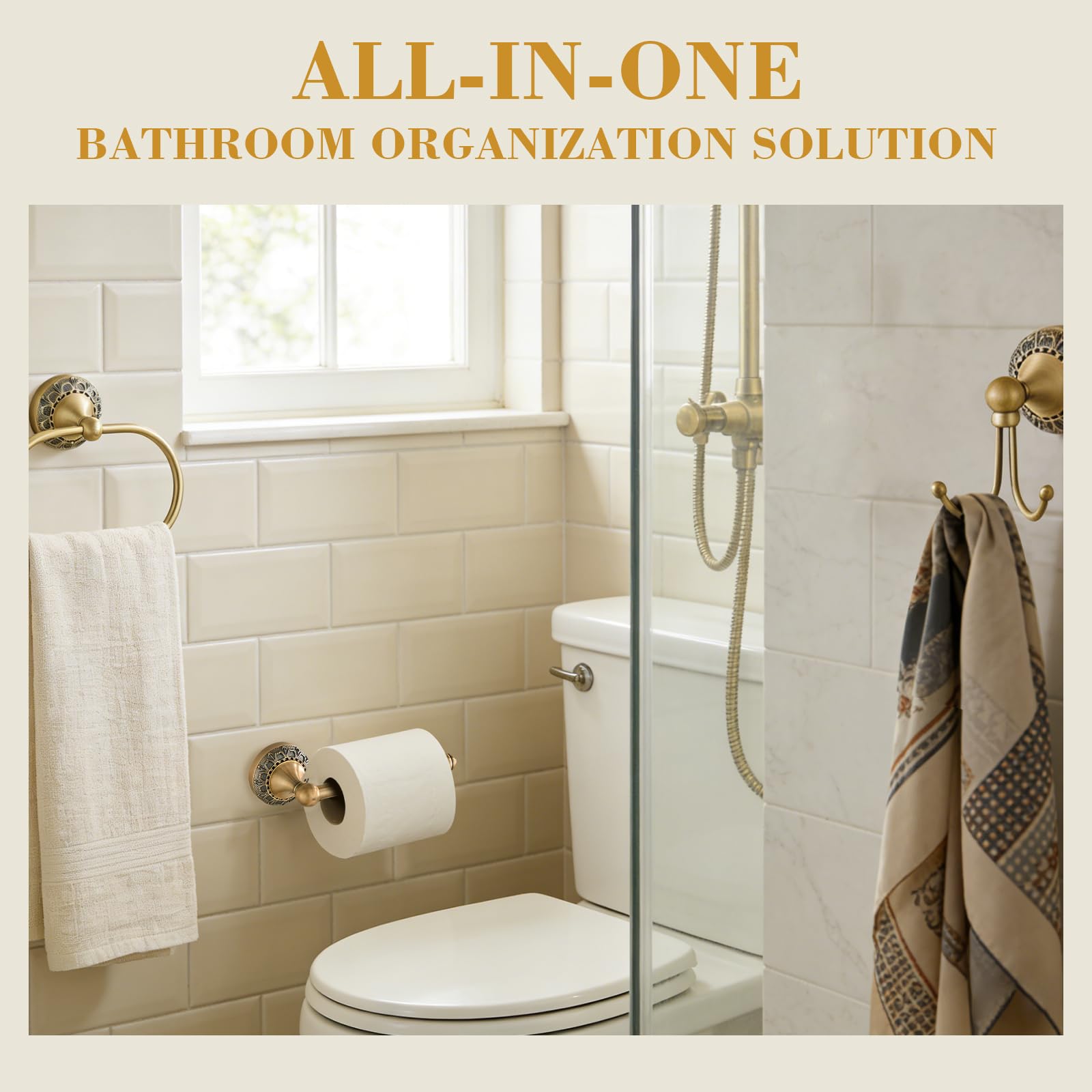 3er-Set Badezimmer Accessoires mit Antik-Gravur - Toilettenpapierhalter, Handtuchring & Doppelhaken - Langlebiges kratzfestes Metall Bad-Set für Bad & Gäste-WC - Klassisches Vintage Design