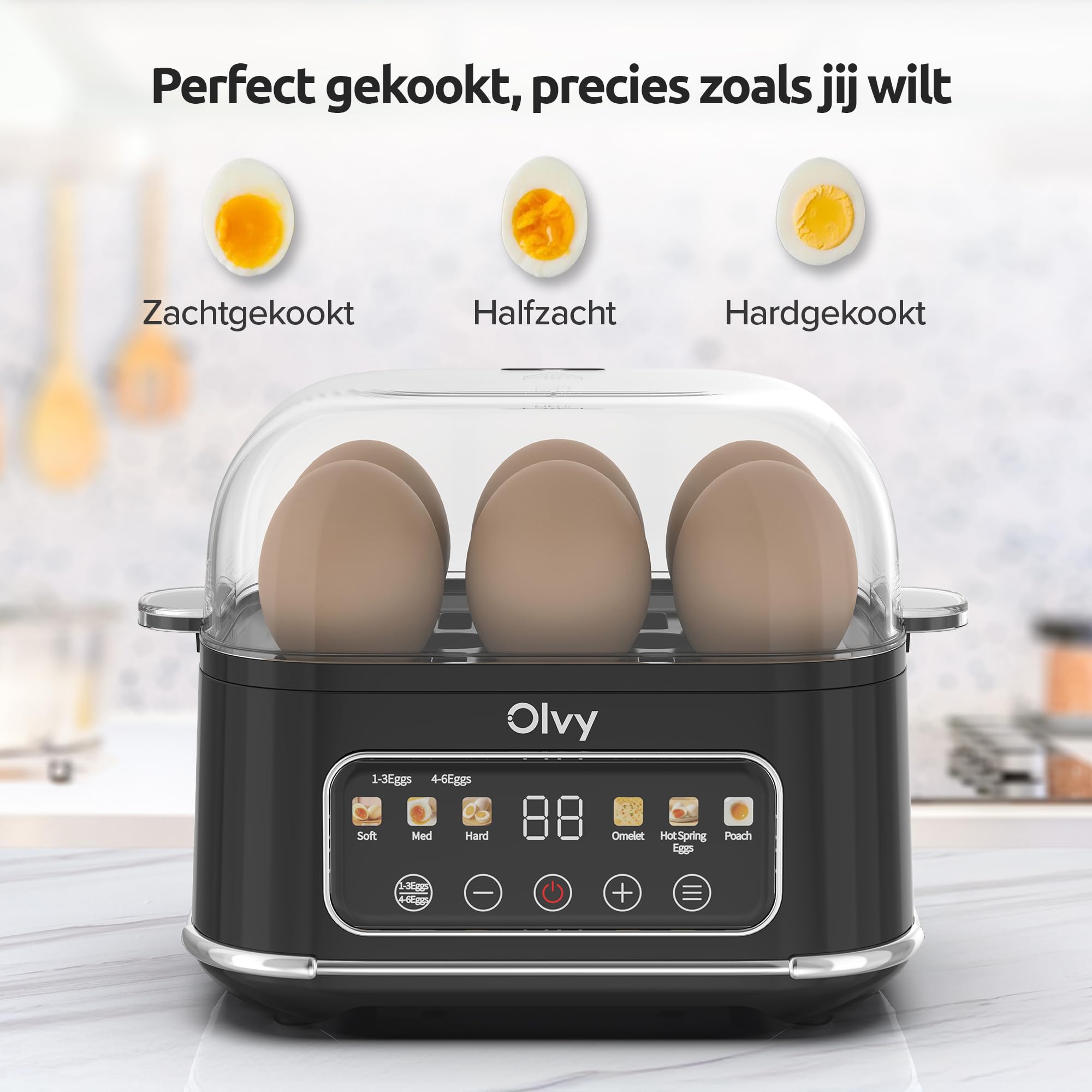 Olvy 6 w 1 elektryczny jajowar z timerem LCD - 6-jajowy podgrzewacz wody i parowar - automatyczne wyłączanie - części nadające się do mycia w zmywarce - wraz z miarką