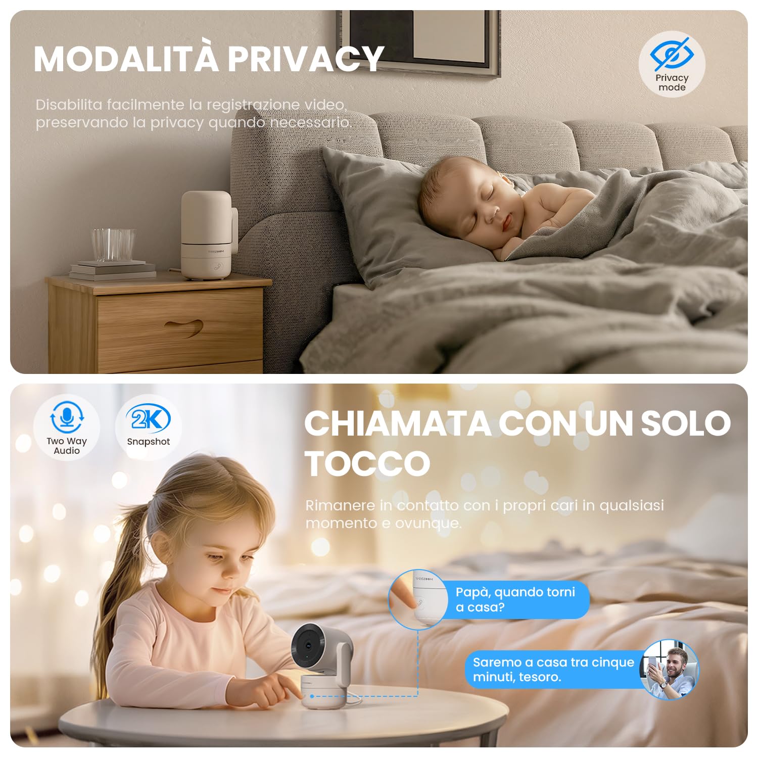 VEEZOOM 4MP Telecamera WiFi Interne, 2K Videocamera Sorveglianza Interno WiFi per Baby/Cani/Indoor con Pan 360° /Tilt 180°, Visione Notturna, Rilevamento Umano, Tracciamento Automatico, One-Touch Call