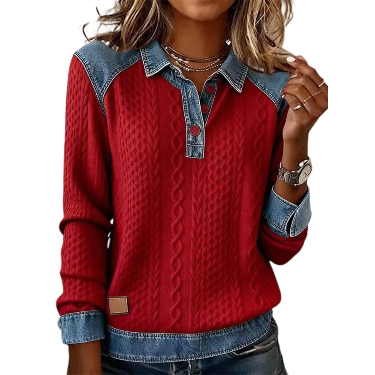 Denim Sweater for Women Collar Button up Patchwork Denim Pullover Tops Vintage Waffle Knit Jean Sweater Casual Wear