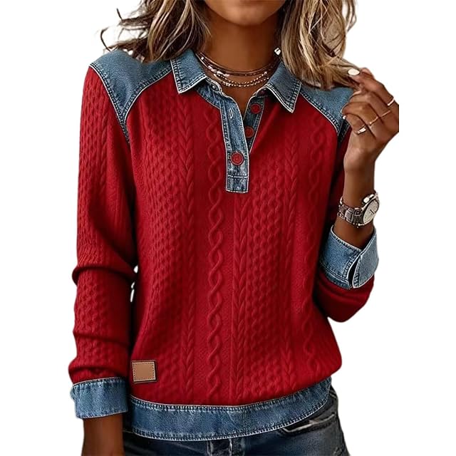 Denim Sweater for Women Collar Button up Patchwork Denim Pullover Tops Vintage Waffle Knit Jean Sweater Casual Wear