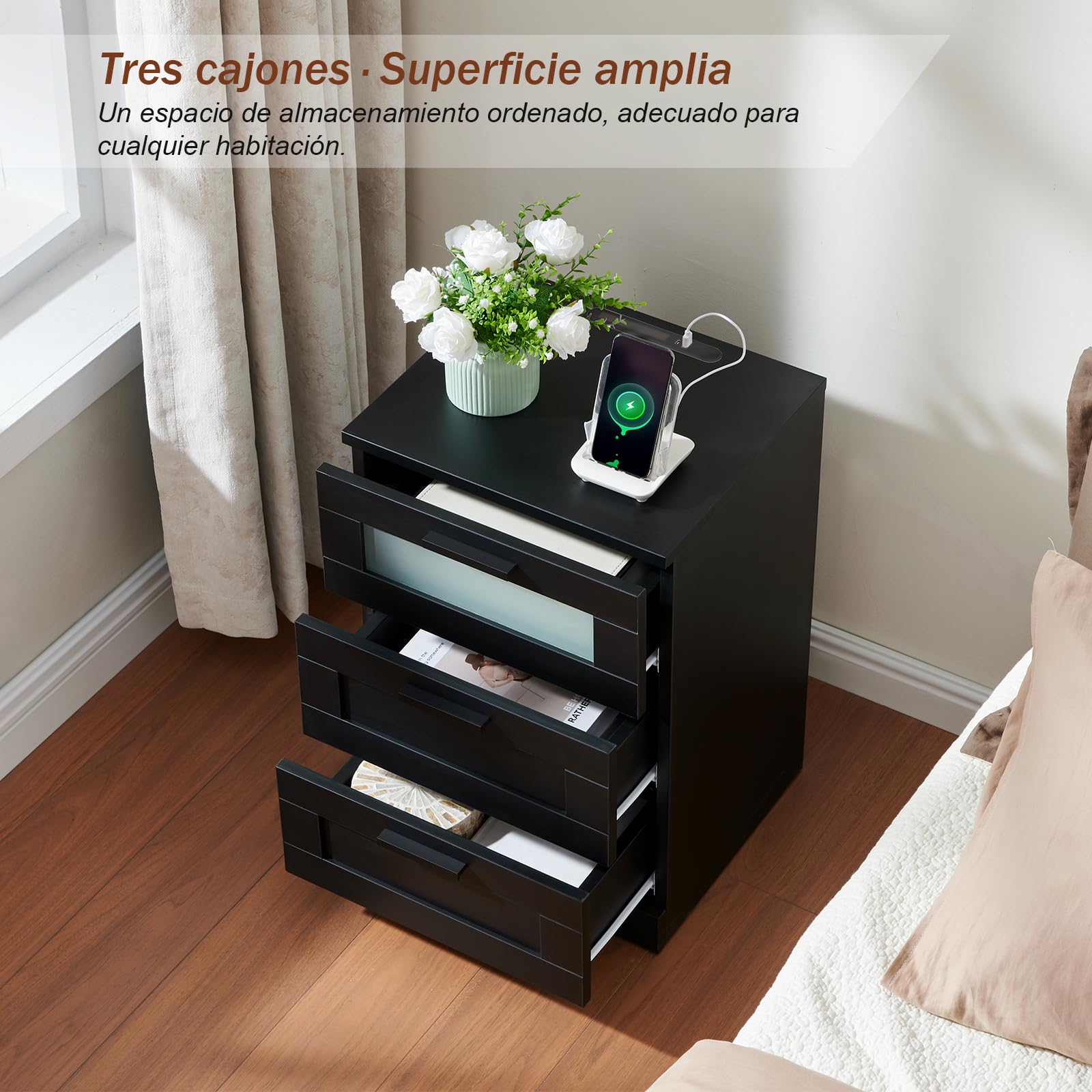 Mesitas de Noche con Luz LED, Mesa Auxiliar con 3 Cajones, Mesilla de Noche con Puerto USB y Type-C, para Dormitorio o Estudio, Moderno (2, Negro)