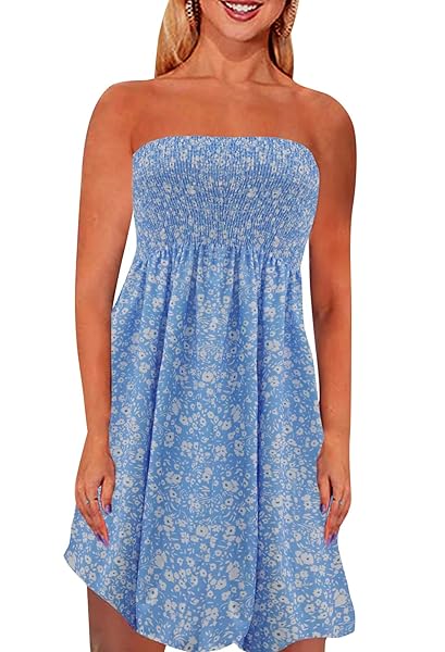 Zyyfly Tube Top Dress Women Summer Beach Coverup Stretch Smocked Strapless Dress