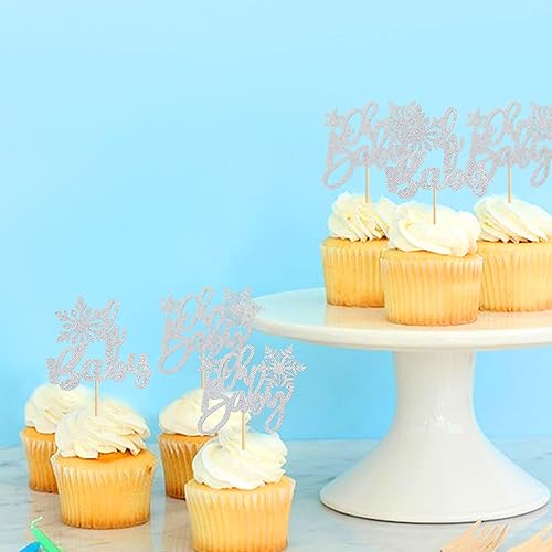 Miniatura 6 de Ercadio Paquete de 24 adornos de copos de nieve para cupcakes Oh Baby con purpurina plateada de copo de nieve Oh Baby para cupcakes de invierno