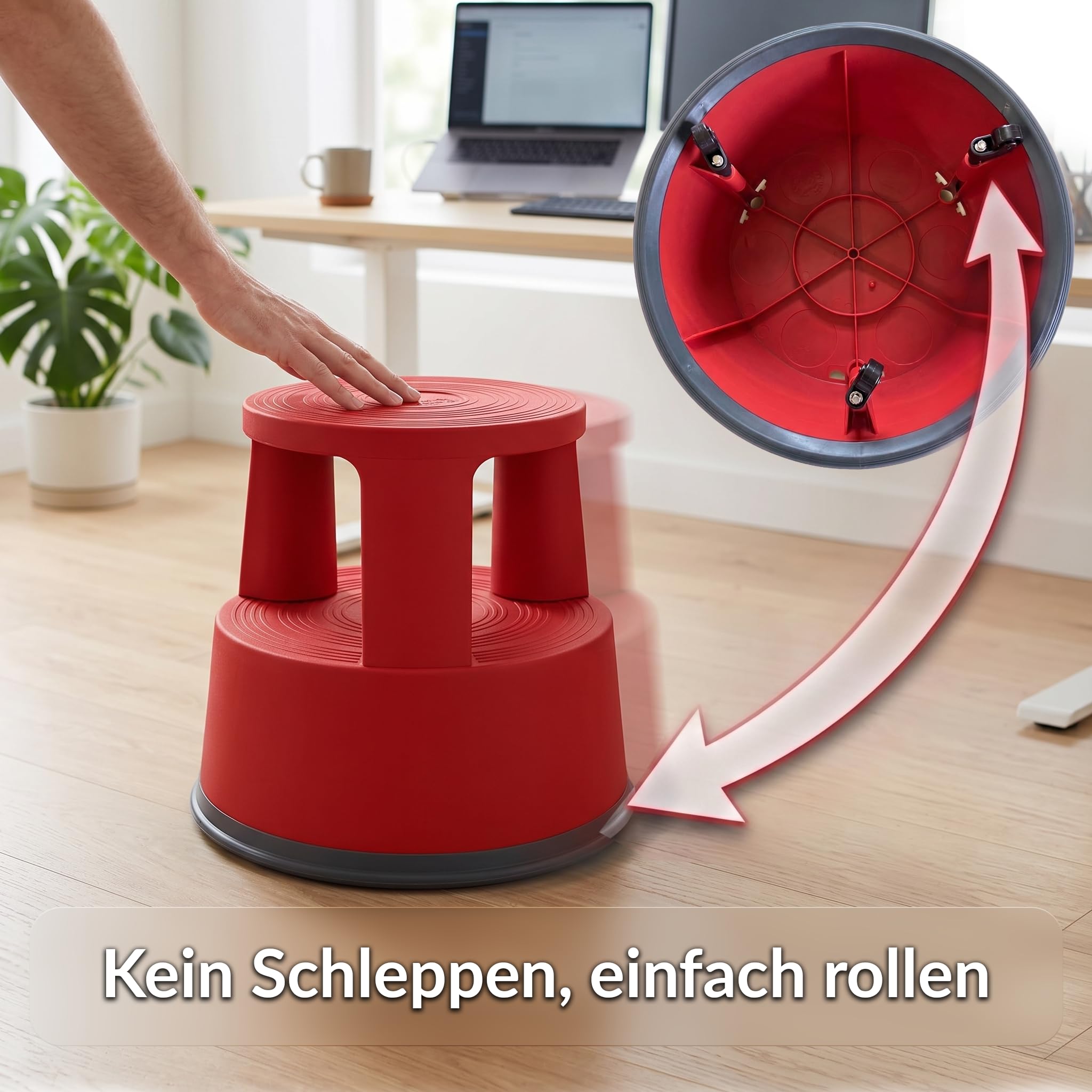 Office Marshal Rollhocker Kunststoff Elefantenfuß rot, Rutschfester Tritthocker mit Rollen, mobiler Rolltritt bis 150 kg, 43 cm hoch, Stabiler Hocker für Büro, Küche, Werkstatt, Lager & Haushalt