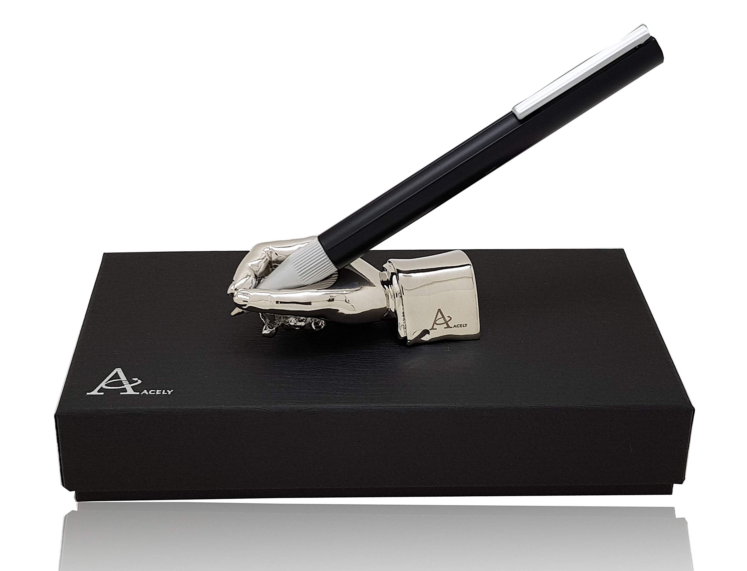 ACELY Innovative Barrel extrusion Ball Point Pen with hand shaped Pen Holder - Pen & holder Set (Black & Silver)