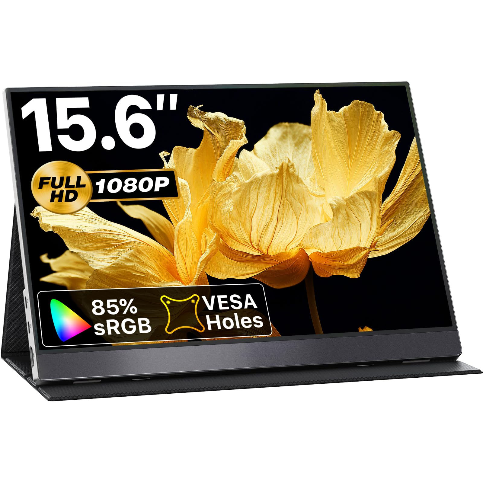 VisionOwl Portable Monitor 15.6 Inch 1080P FHD 85% sRGB Second Screen, USB-C HDMI HDR FreeSync Travel Monitor for Laptop PC MacBook PS5 Xbox, VESA Mountable, with Speakers, Cover Stand, Silver