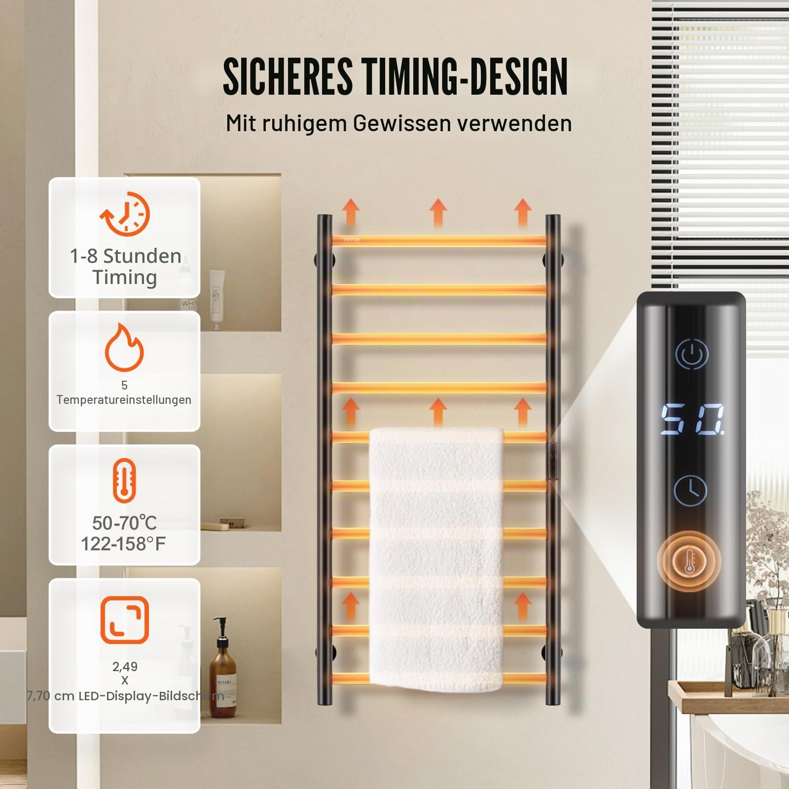VEVOR Handtuchtrockner Heizkörper Handtuchwärmer, beheizter Handtuchhalter mit 10 Stangen, wasserdichter Handtuchwärmer mit Timer und LED-Anzeige, 5 einstellbare Temperaturstufen, Wandmontage, Schwarz