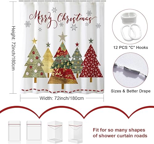 Miniatura 3 de Baccessor Cortina de ducha dorada estilo bohemio con diseño de árbol de Navidad, pino, nevado, tela impermeable, decoración de baño, invierno,