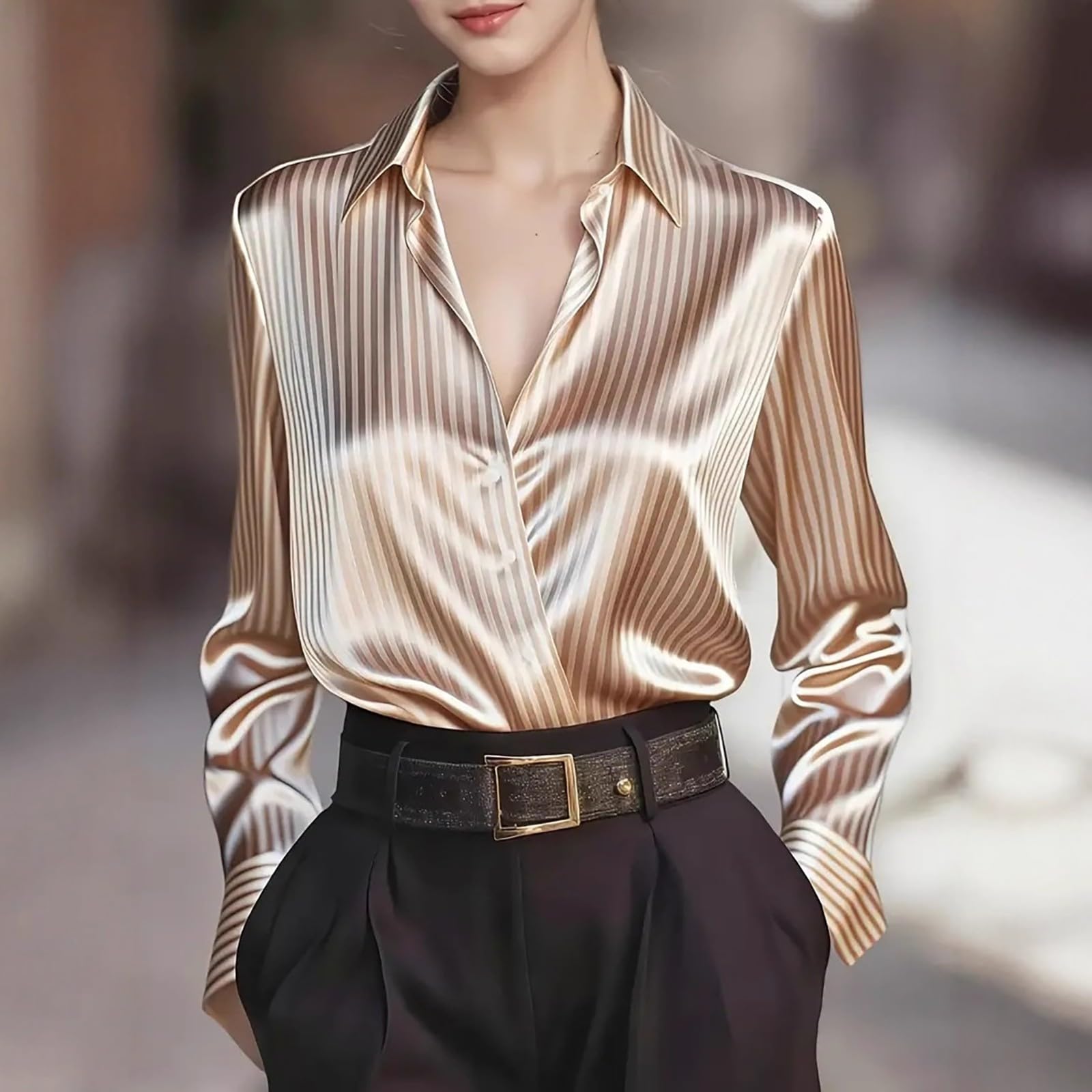 Chemise à rayures pour femme, surdimensionnée, élégante, en satin, col en V, tissu fluide, protection contre les rayons solaires, chemisier style français, mode