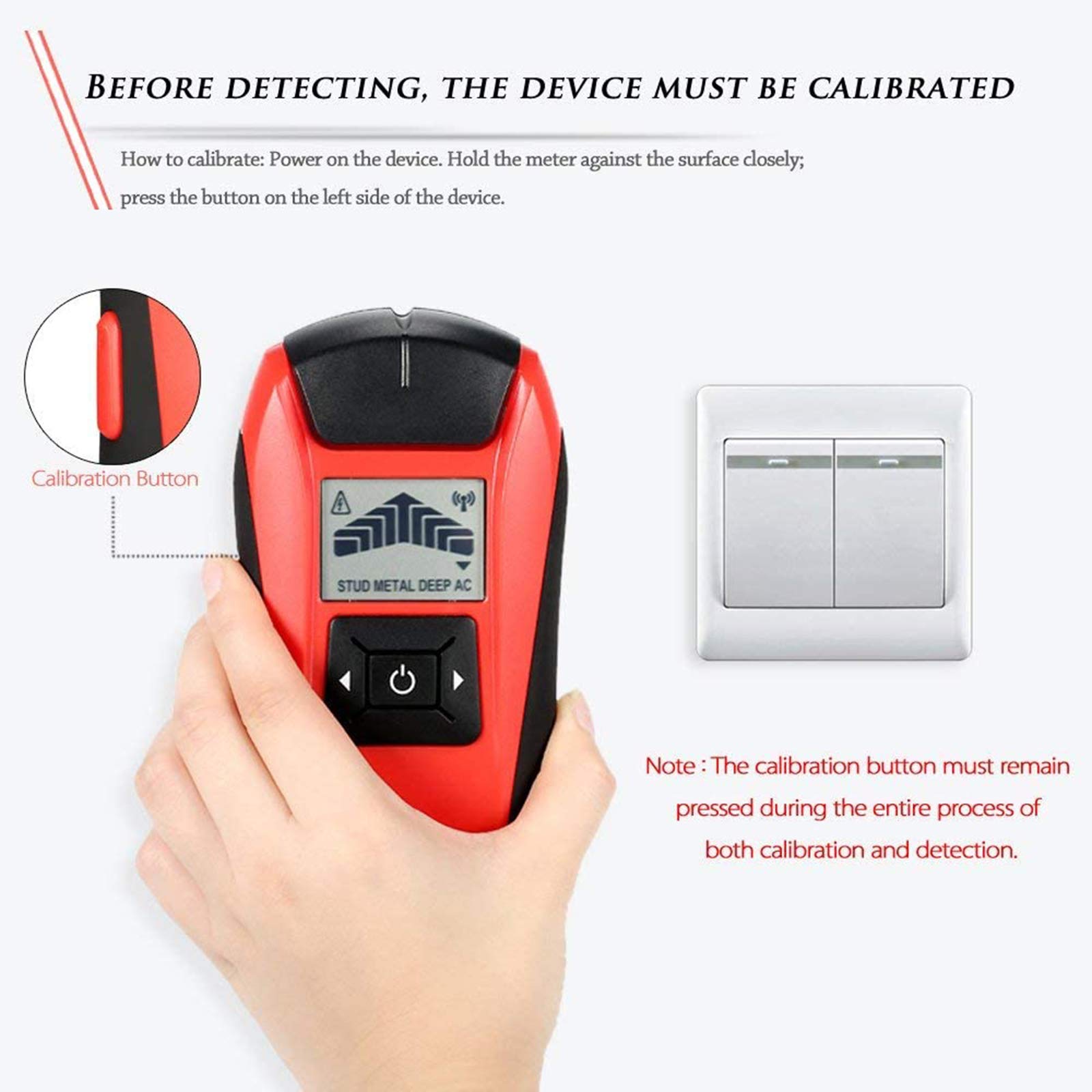 HMTE Détecteur de Goujons muraux, détecteur de Goujons muraux LCD Portable, Goujons en Bois métalliques, câble AC, testeur de détecteur de Scanner de Fil en Direct (Rouge)