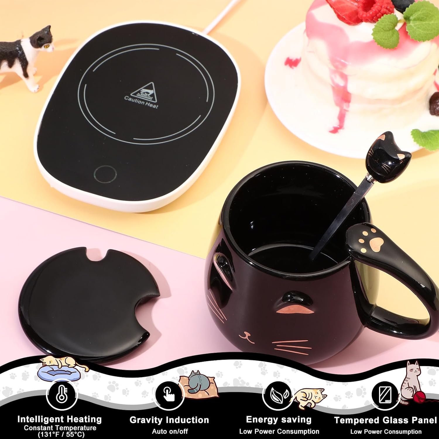 Cat Coffee Cup Coffee Warmer with Mug for Women Electric Mug Heater Temperature Control Ceramic Cute Cat Warmer for Office Valentine' Day Birthday Gift(Black) - Image 2