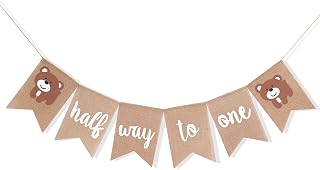 Birthday Decorations for Half Way To One Banner - Bear 1/2 Rustic Burlap Hanging Banner Photo Props,Six Months Boy Smash Cake Party props for photos (BEAR)